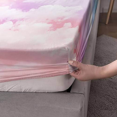 Miniatura 5 de Datura home Juego de sábanas de 4 piezas para niñas ajustadas y planas color rosa y azul cielo nube impreso digital 3D con 1 + 2 fundas de almohada