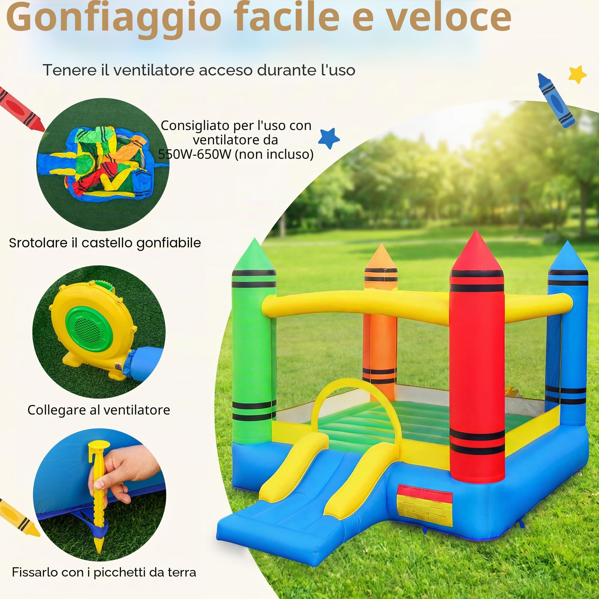GIANTEX Castello Gonfiabile con Scivolo e Ampia Area per Saltare | Trampolino Gonfiabile da Interno ed Esterno con Borsa di Trasporto e Kit di Riparazione per Bambini 3-12 Anni