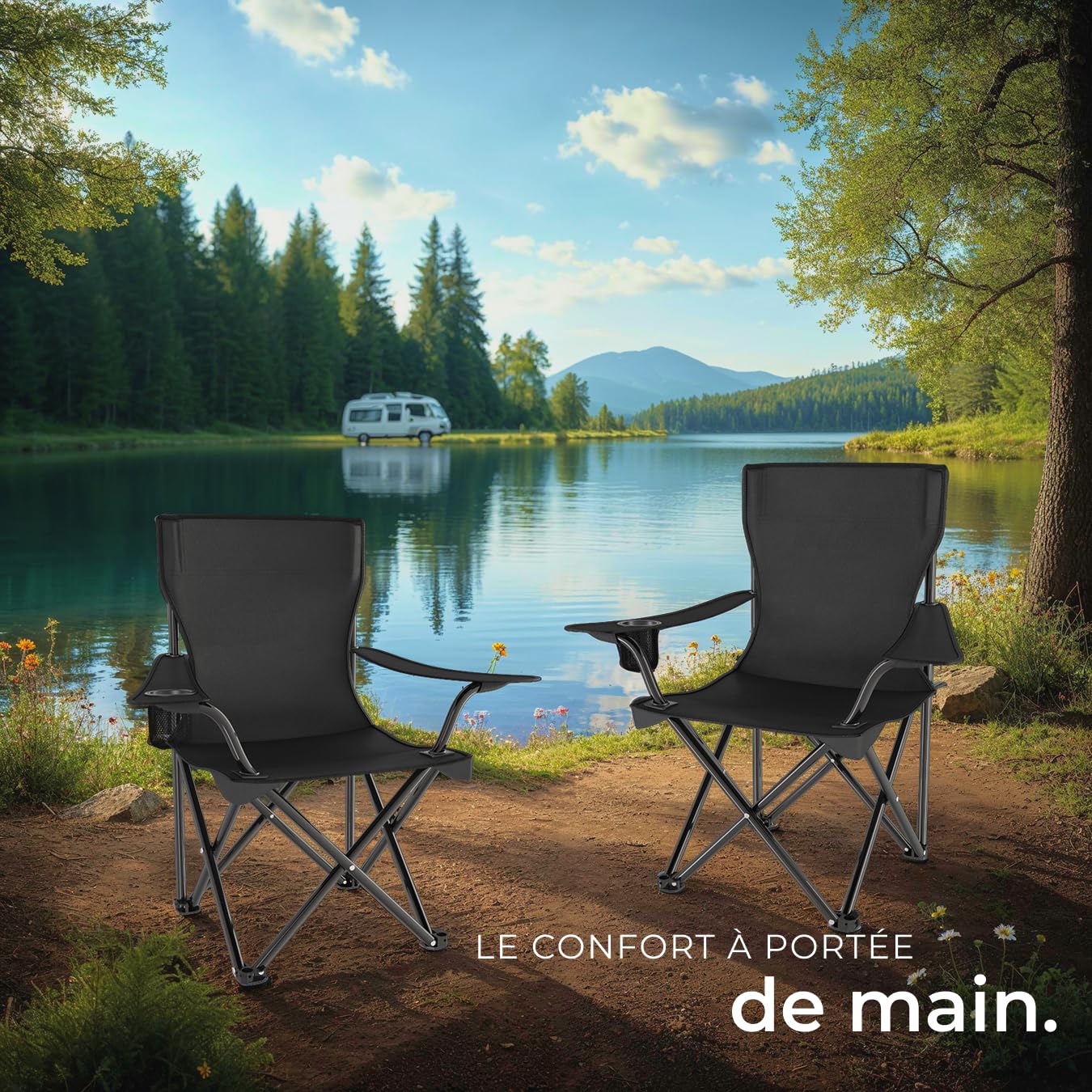 tectake® Lot de 2 Chaise Pliante Camping Fauteuil Pliable Chaise de Plage Ultra léger avec Porte Gobelet et Sacs de Transport, Rembourrage en Mousse, Idéal Voyages, Pêche, Festival, Camping, Plage