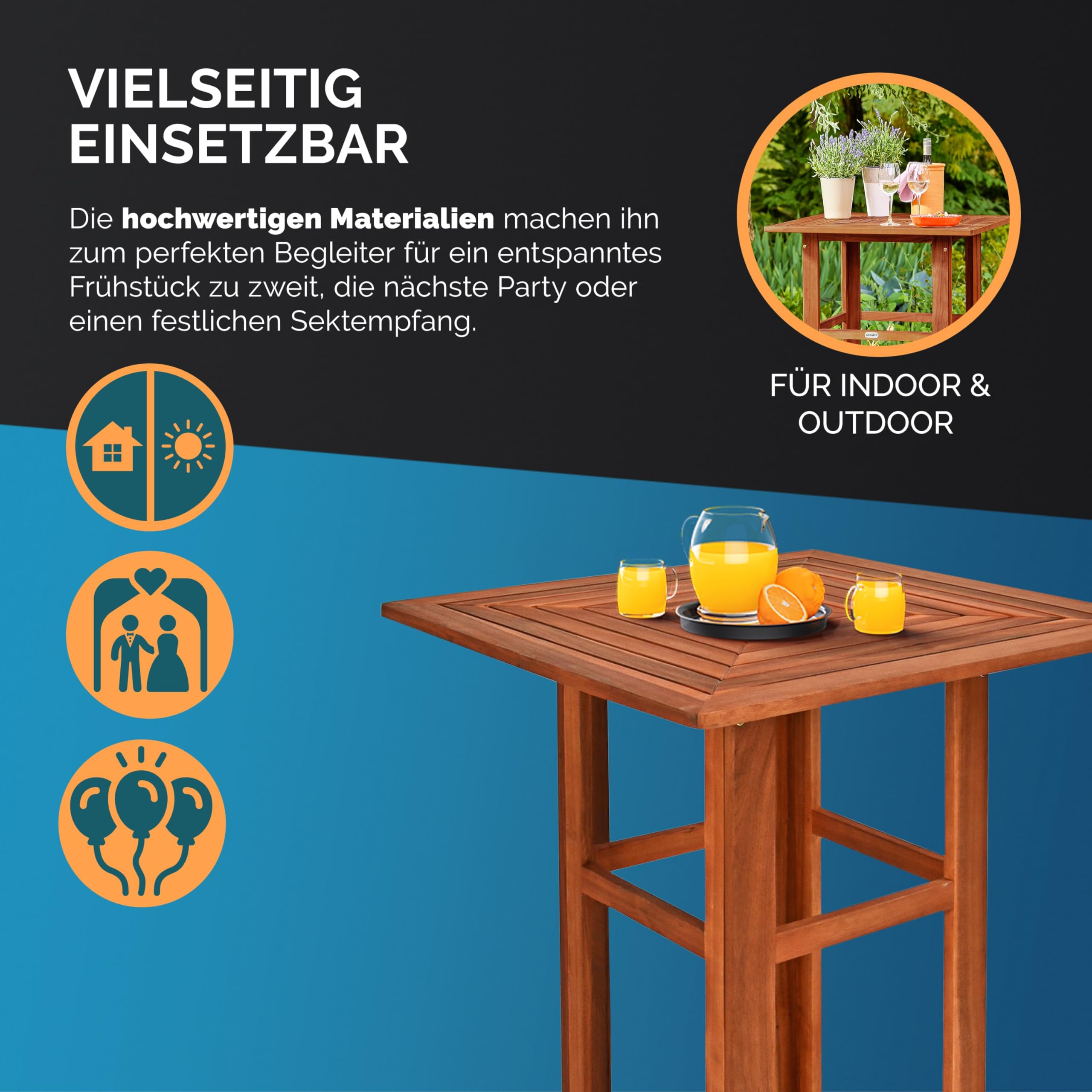 Casaria® Stehtisch Holz 110 cm Hoch 75 x 75 cm Eckig Massiv Rustikal Indoor Outdoor Bistrotisch Biertisch Gartentisch Biertisch Partytisch Bartisch