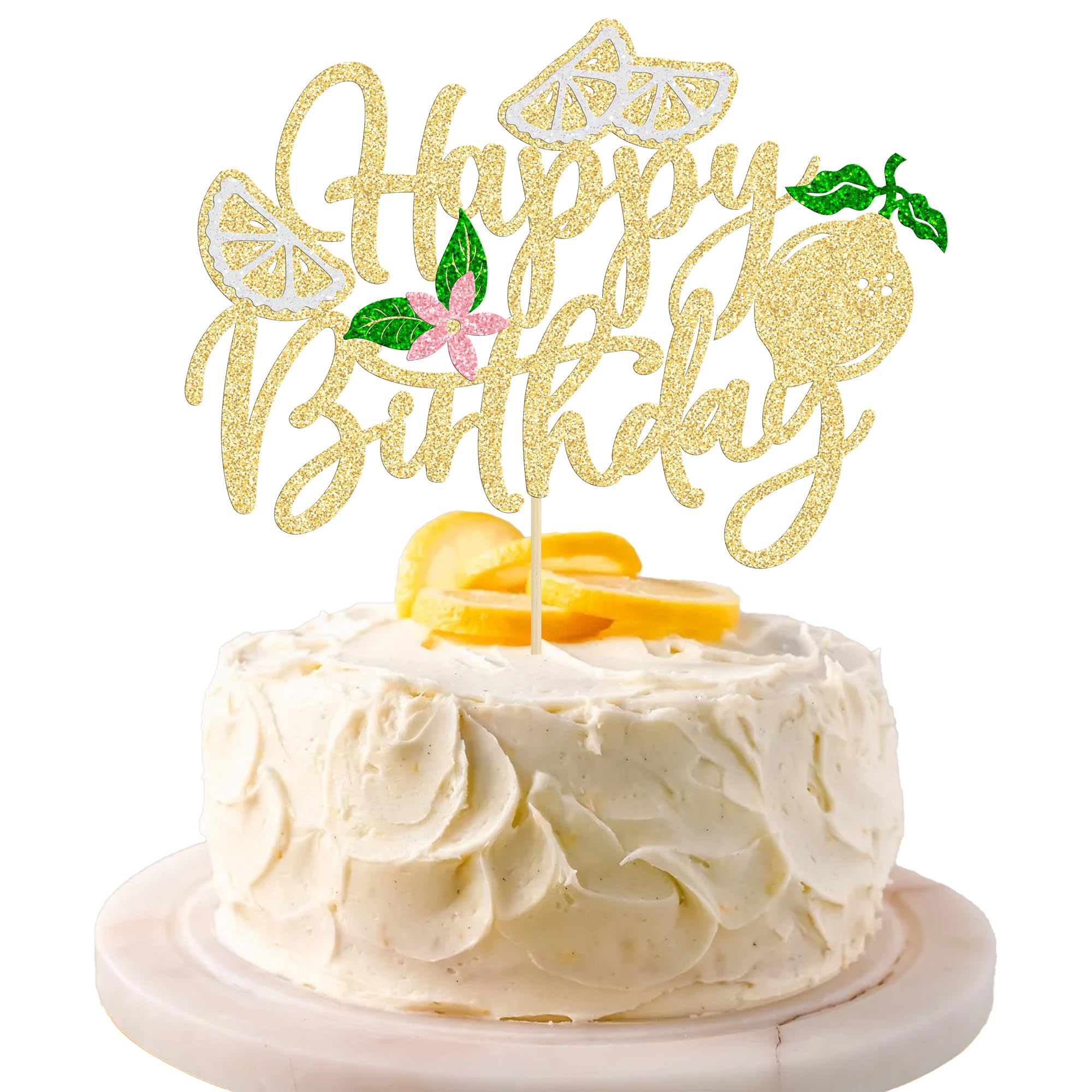 Gyufise 1Pc Lemon Happy Birthday Cake Topper Assembled Glitter Fruit Theme Lemonade Party Cake Pick Decorations for Lemon Theme Baby Shower Kids Boys Girls Birthday Party Supplies Yellow