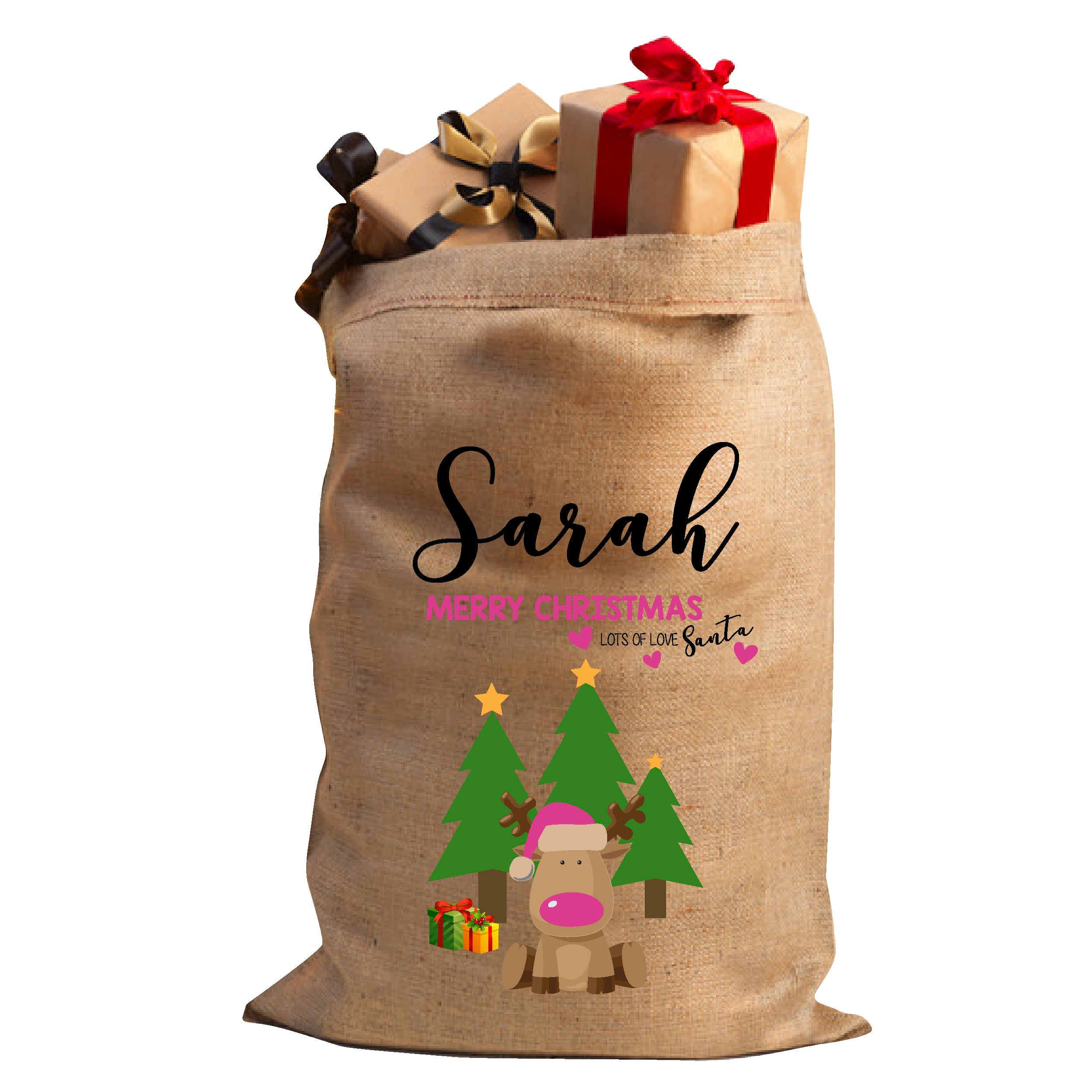 StickersWall Personalised Christmas Santa Sack Stocking Xmas Sack Extra Large Hessian Traditional Stocking Christmas Bag Reusable Holiday Present Bag (Reindeer Pink)