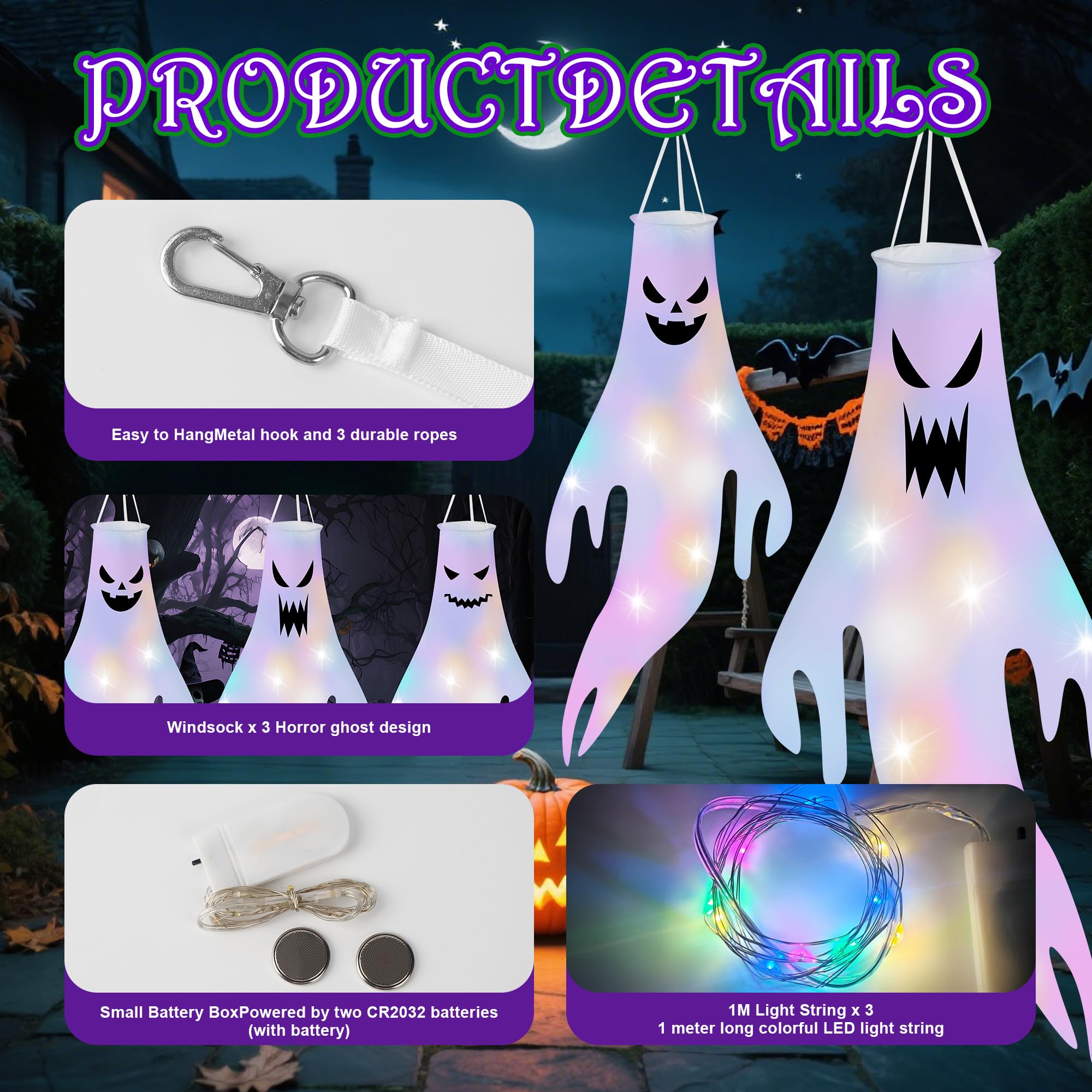 3 Stück Halloween WindsäCke Geist Windsack HäNgen Dekoration Geist Mit Farbig LED Licht Halloween Deko Outdoor,für Terrasse, Innen Außen Garten Horror Mottoparty