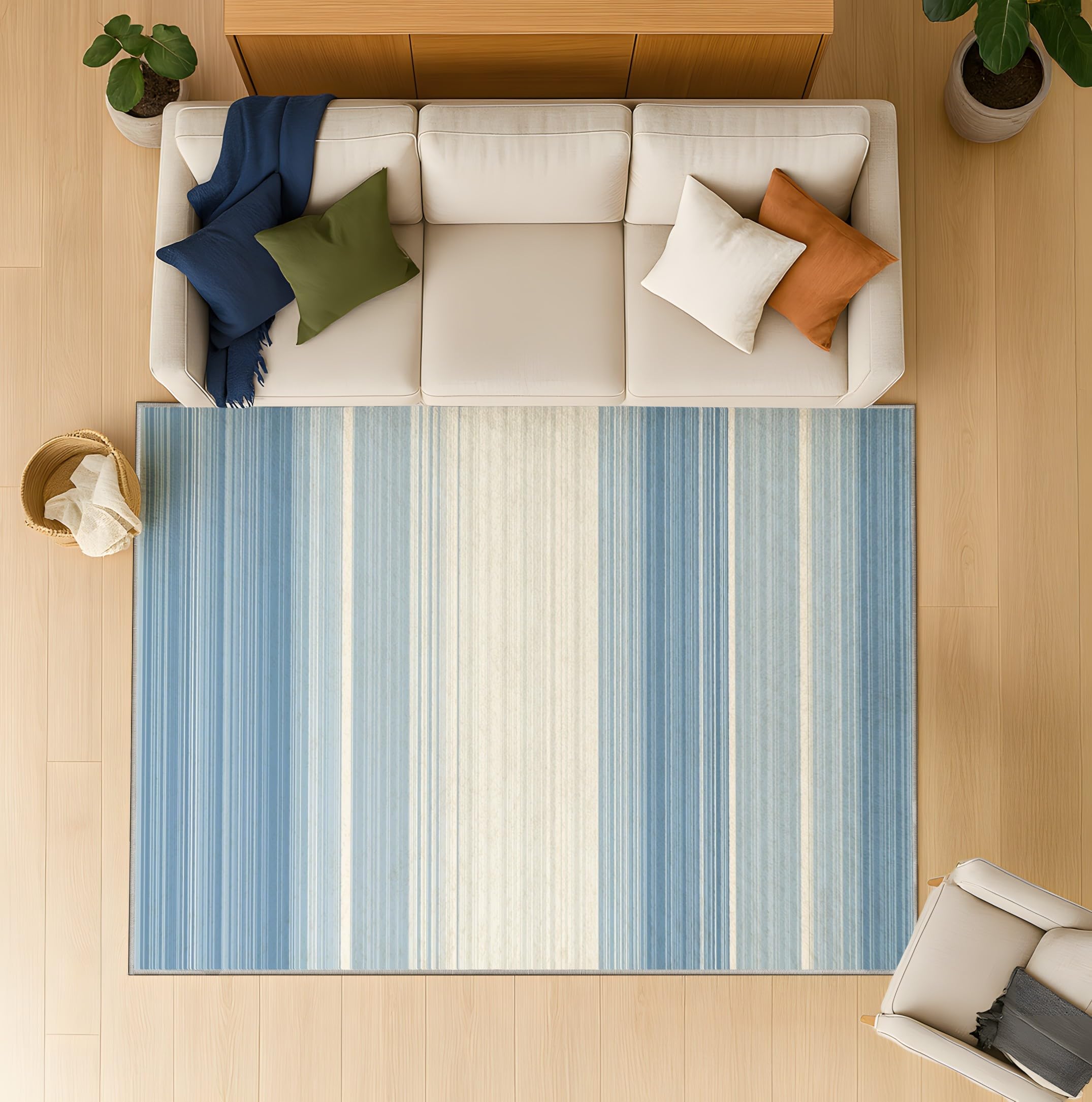 Générique 60 x 90 cm Tapis Minimaliste Dégradé Imprimé Moderne Frais Tapiss Rayures Verticales Bleu Clair Blanc & Tapis antidérapant Magique intégré pour Couloir Entrée