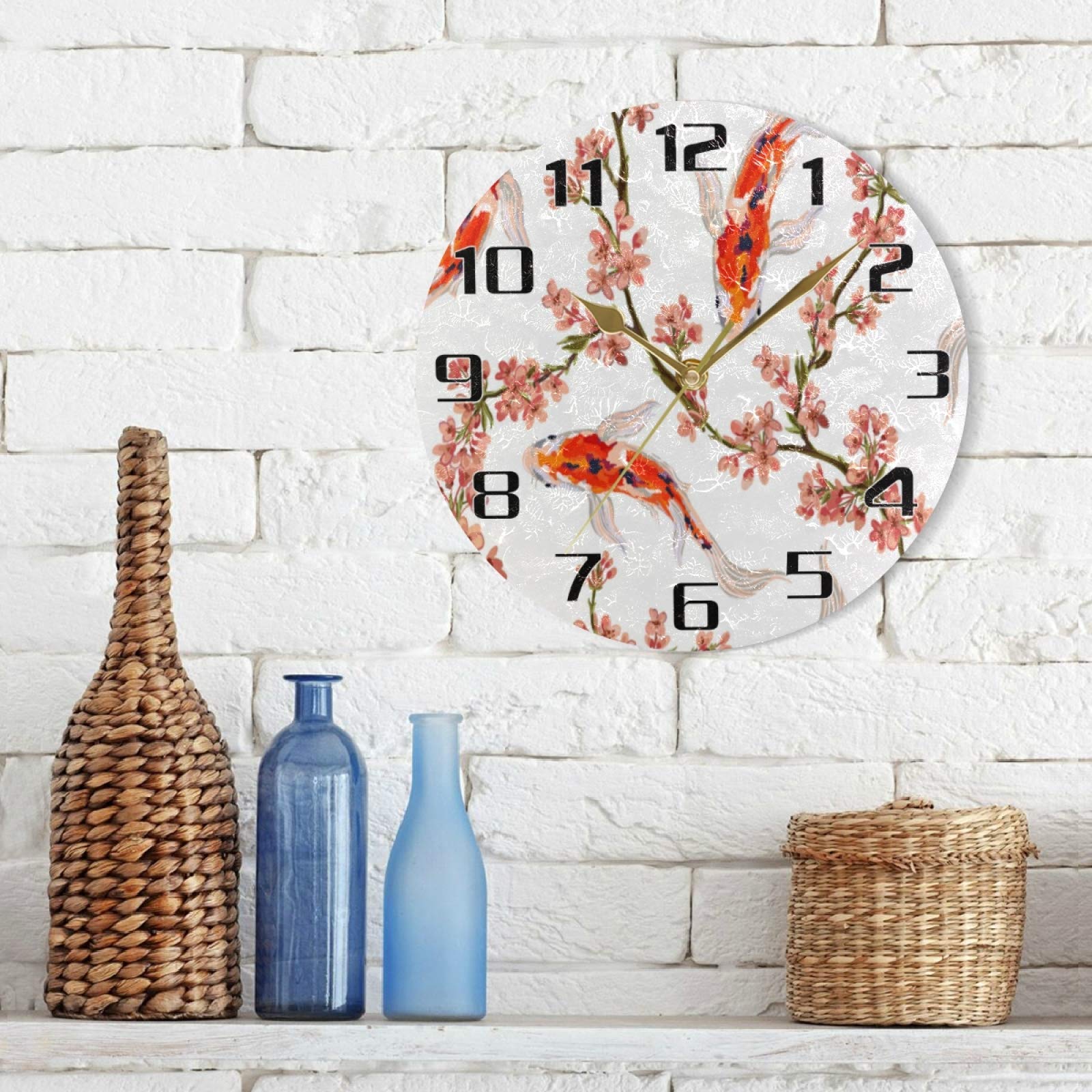 HMZXZ 9.5 Inch Wandklok Japanse Koi Vis Bloem Stille Niet Ticking Ronde Klok voor Thuis Woonkamer Keuken Kantoor School Decor