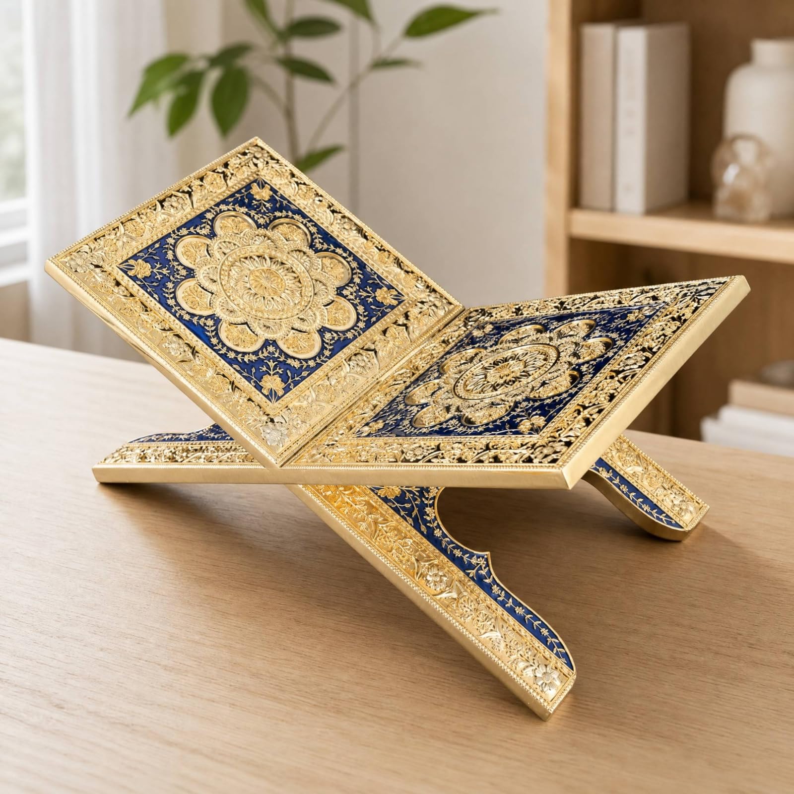 Milageto Porte-Livre Pliable Place Support Lecture Structure En X Mai Libres Repose-Livre Décoratif à Ornemen Floraux pr Bureau, Bleu