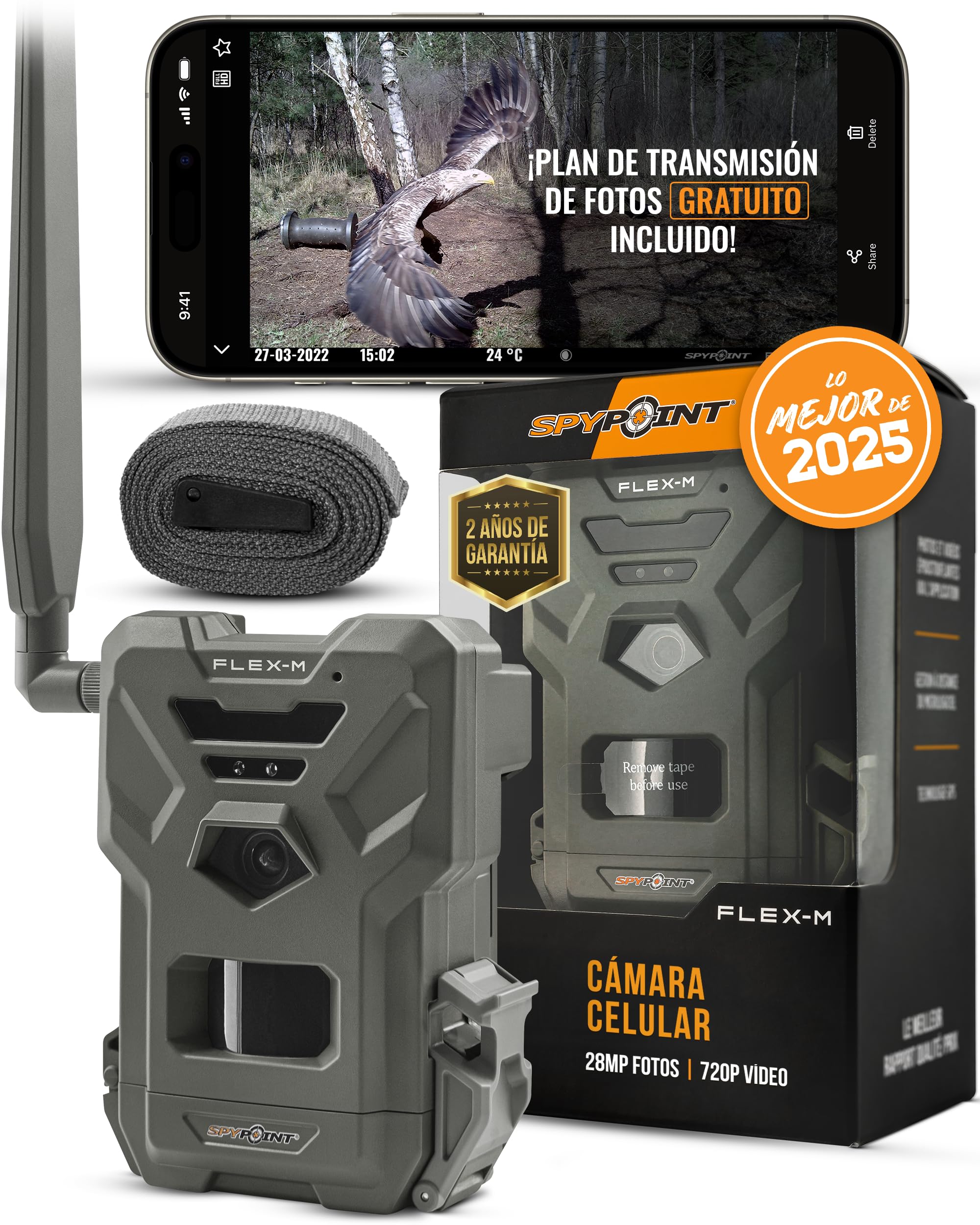 Cámara Celular SPYPOINT Flex-M - Mejores Accesorios de Exploración, Sin Necesidad de WiFi, Visión Nocturna, Activación por Movimiento, Fotos de 28MP, Vídeos de 720p + Sonido