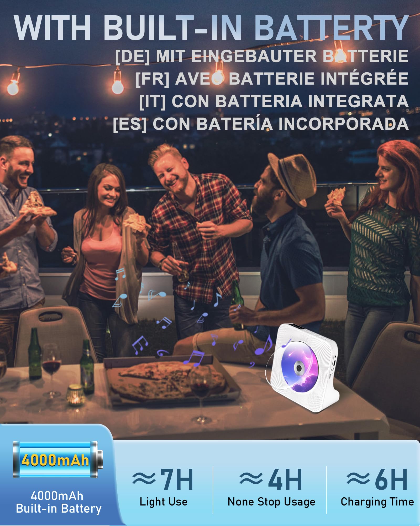 Ładowalny Przenośny Odtwarzacz CD，Wbudowany Odtwarzacz CD Bluetooth z Dwoma Głośnikami, Pilot Zdalny, USB，AUX，Domowe Odtwarzaczes CDs HiFi Stereo，Odtwarzaczs CDs Kompaktowy, Radio FM