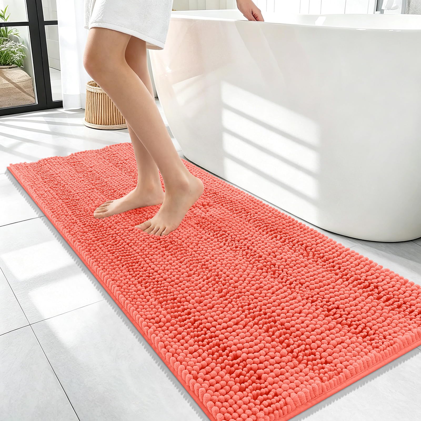 OLANLY Thick Bathroom Runner Rugs 47x17, Soft Chenille Bath Rugs, Coral