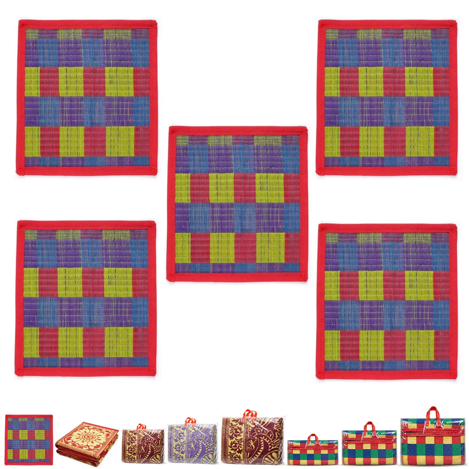 TAVASYA 1.5 x 1.5 Feet Waterproof Small Sitting Floor Mat | Pack of 5 | Chatai | Sitting & Multipurpose Mat |Random Colors-image-48