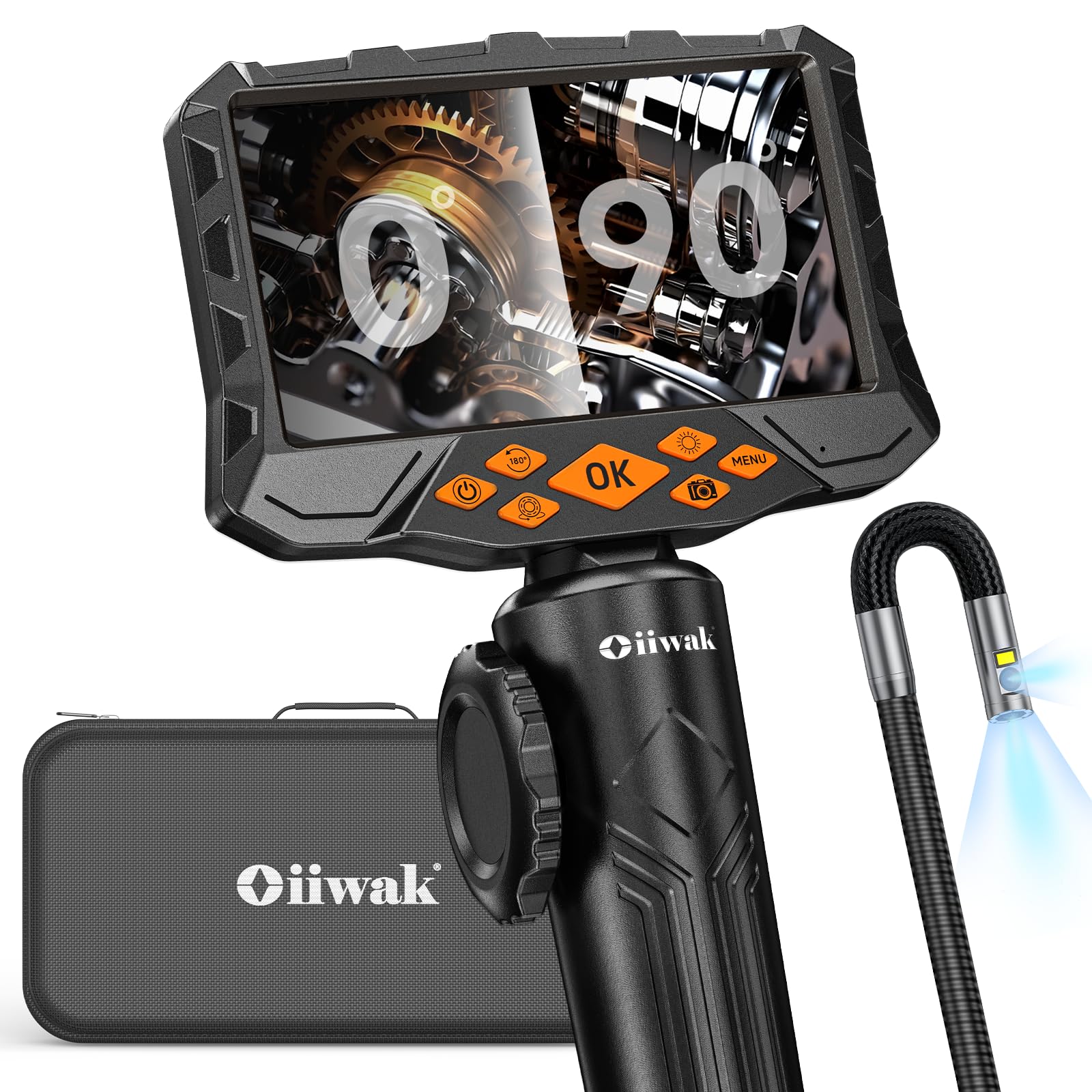 Oiiwak Dual Lens Articulating Borescope, 5" IPS Endoscope Camera with Light Inspection Snake Bore Scope Camera for Wall Automotive Aircraft Plumbing House