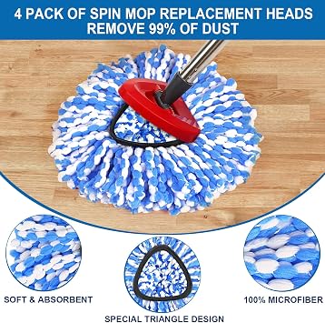 4 Pack Mop Replace Heads for 2 Tank System, Spin Mop Replacement Head, Fluffy Microfiber Mop Refill Replace Head, Machine Washable, All Hard-surfaced Floors Cleaning