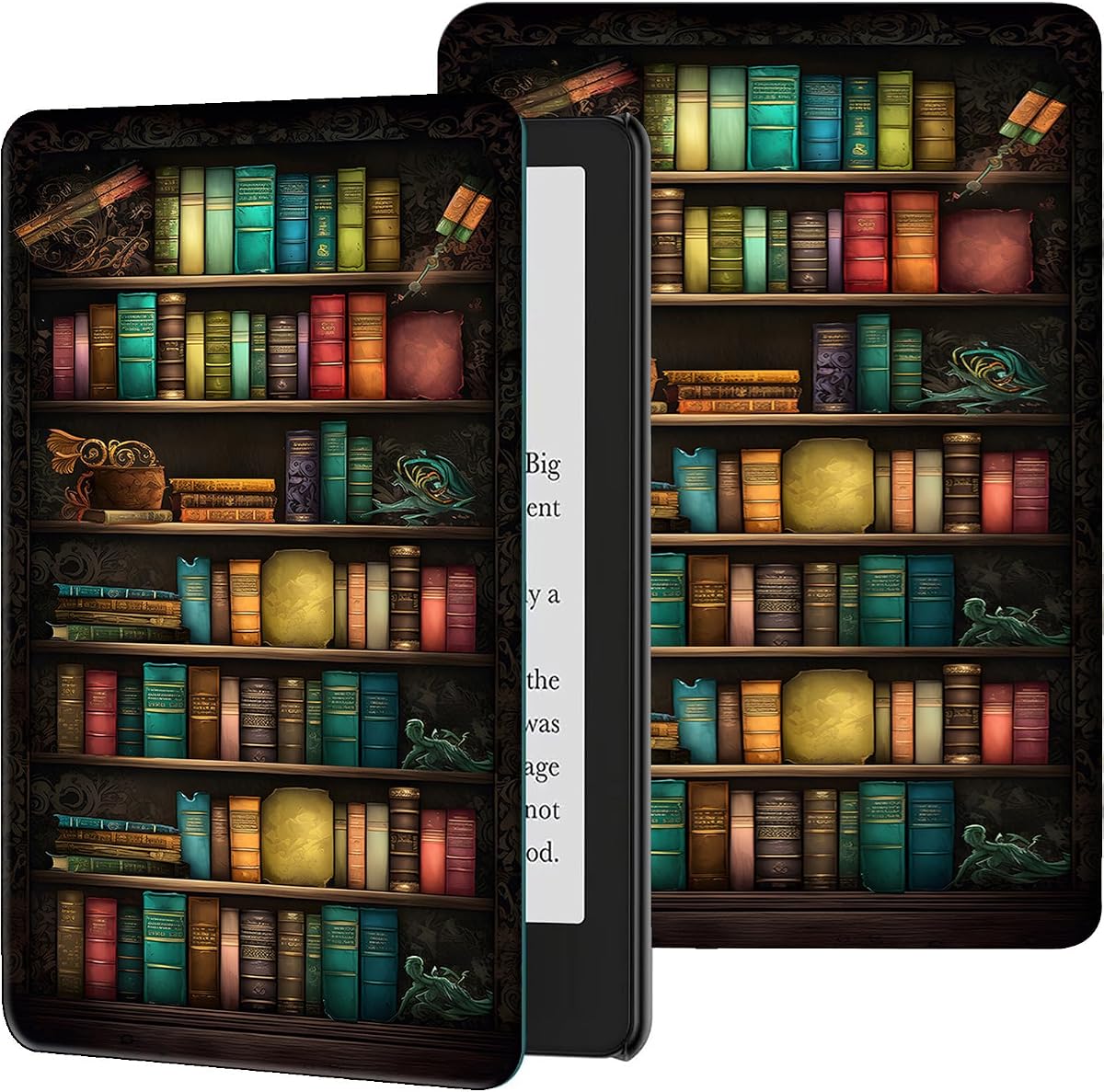 Estuche delgado para Kindle Paperwhite 12th Gen 2024 Released (7") & Kindle Colorsoft Signature Edition PU Leather Lightweight Adjustable Stand Smart Shell Cover with Auto Wake/Sleep, Old Library Bookshelf