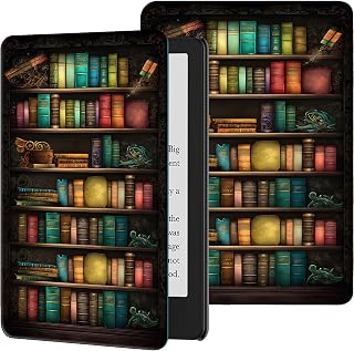 Slim Case for Kindle Paperwhite 12th Gen 2024 Released (7") & Kindle Colorsoft Signature Edition PU Leather Lightweight Adjustable Stand Smart Shell Cover with Auto Wake/Sleep, Old Library Bookshelf