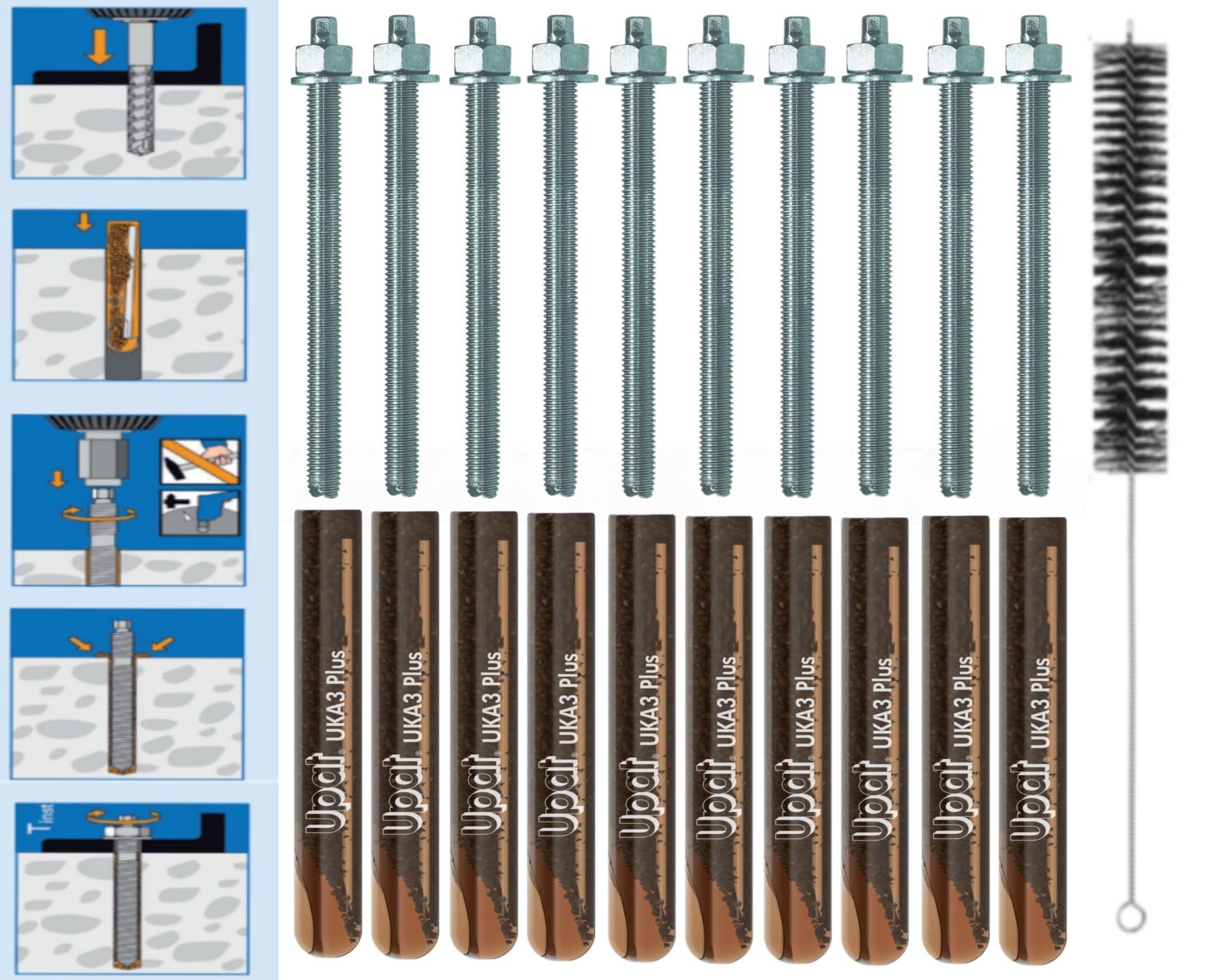 VERBUNDANKER SET M10x130mm VERZINKTER STAHL 5.8-10x Glaspatronen M10 + 10 Ankerstangen M10x130mm vz. + Zylinderbürste/Klebeanker Ankerstangen Schwerlastbefestigung