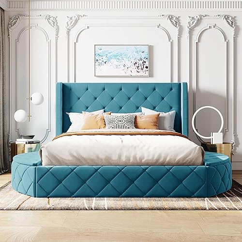 Miniatura 3 de QVUUOU Queen Size Upholstered Platform Bed Bedroom Furniture Pine Wood Bed Frame with Drawer Side Storage Stools and Velvet Wingback Headboard for