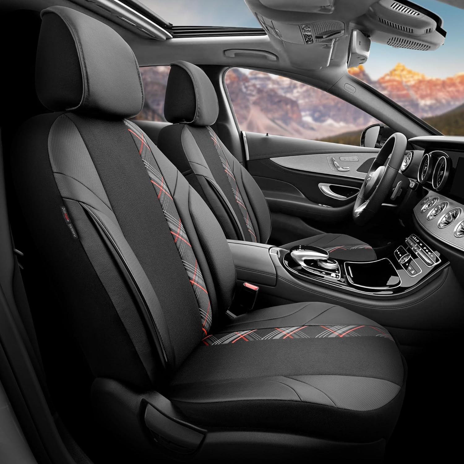 Otom Car Seat Covers for Front Seats, 2 Pieces Front Seat Cover Set, for Cars Trucks Vans SUVs - Horizon Design (Black-Red)