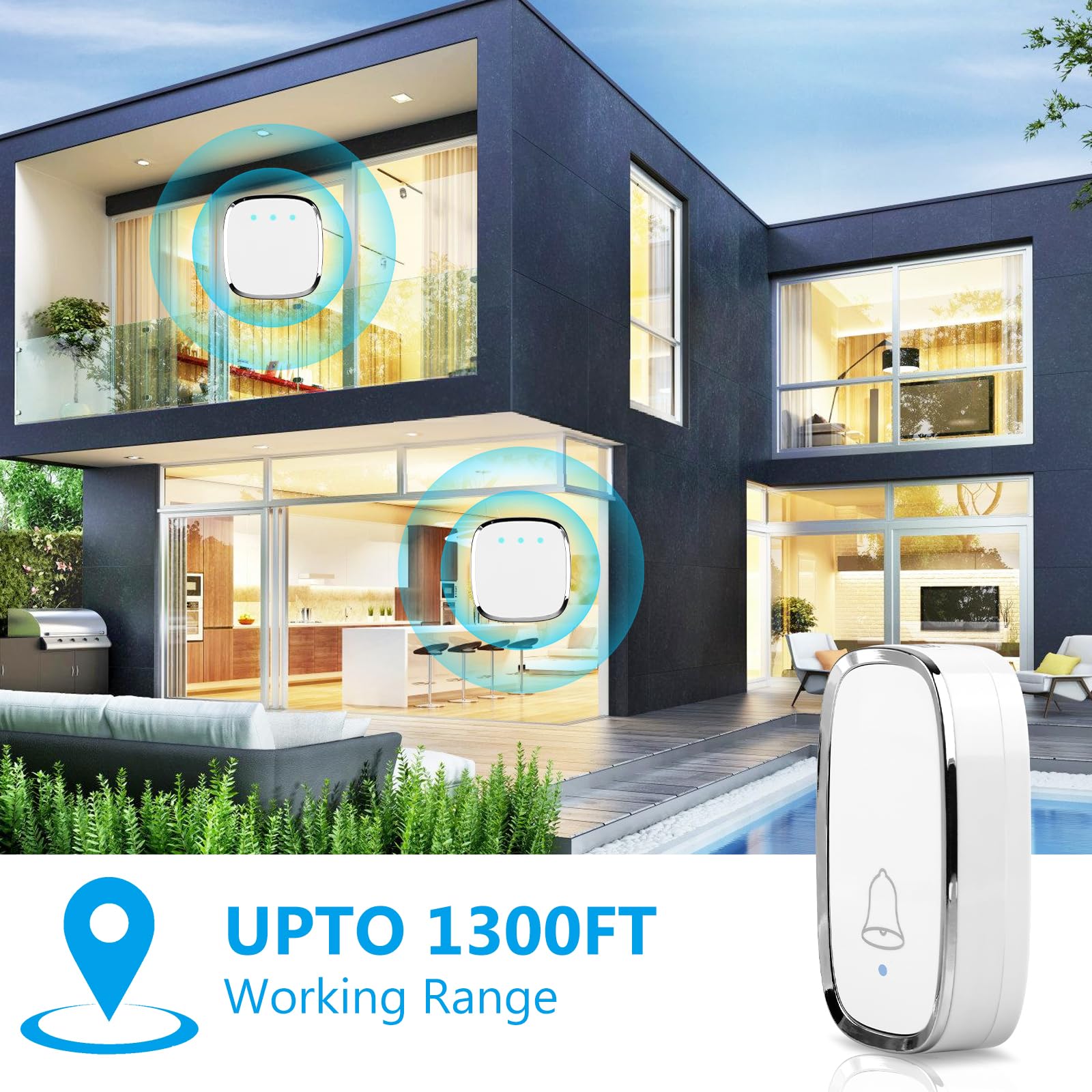 Timbre Inalámbrico Exterior Impermeable Casa: Timbre Inalámbrico Interior, Timbre Puerta, 1 Transmisor y 2 Receptores, Doorbell con Indicador LED, 58 Melodías, 5 Volumen, Alcance a 300m, Blanco