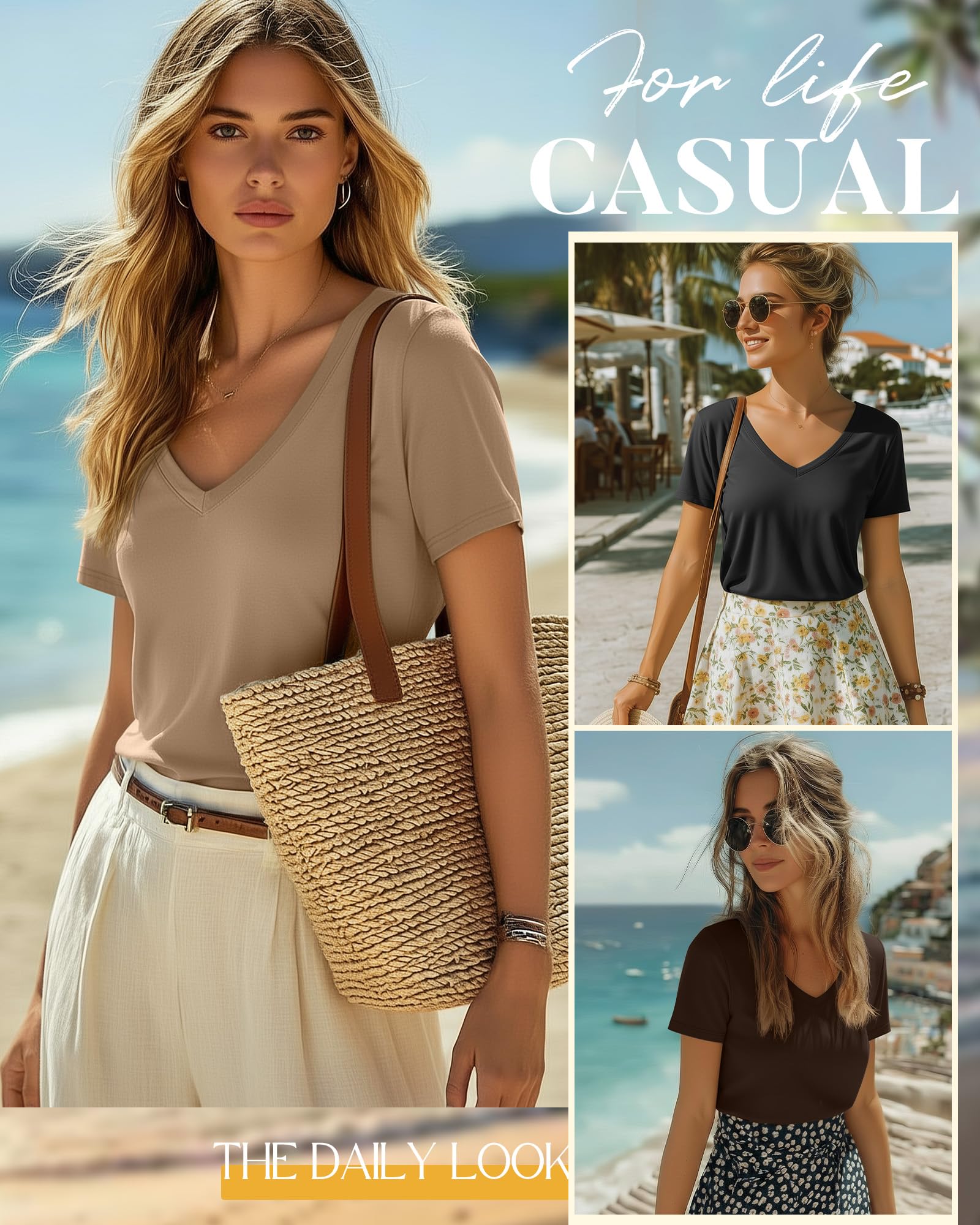 Neer Pack de 4 Camisetas Mujer Cuello en V Manga Corta Verano Casual Corte Holgado Dobladillo Recto Básicas