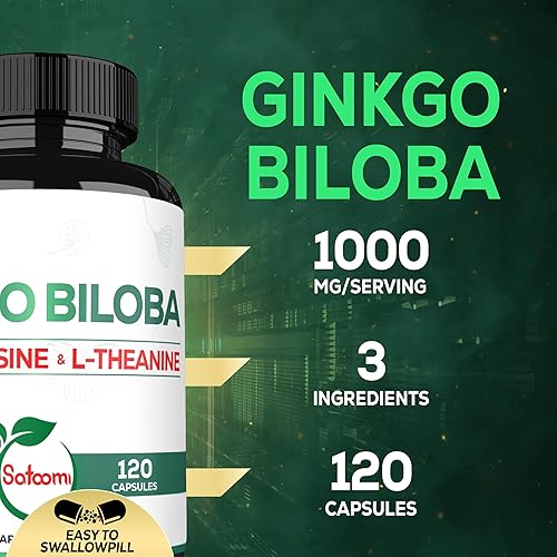 Miniatura 3 de Suplementos de Ginkgo Biloba de 1000 mg con L-tirosina, L-teanina, 120 cápsulas para suministro de 2 meses, enfoque de apoyo, función mermoria,