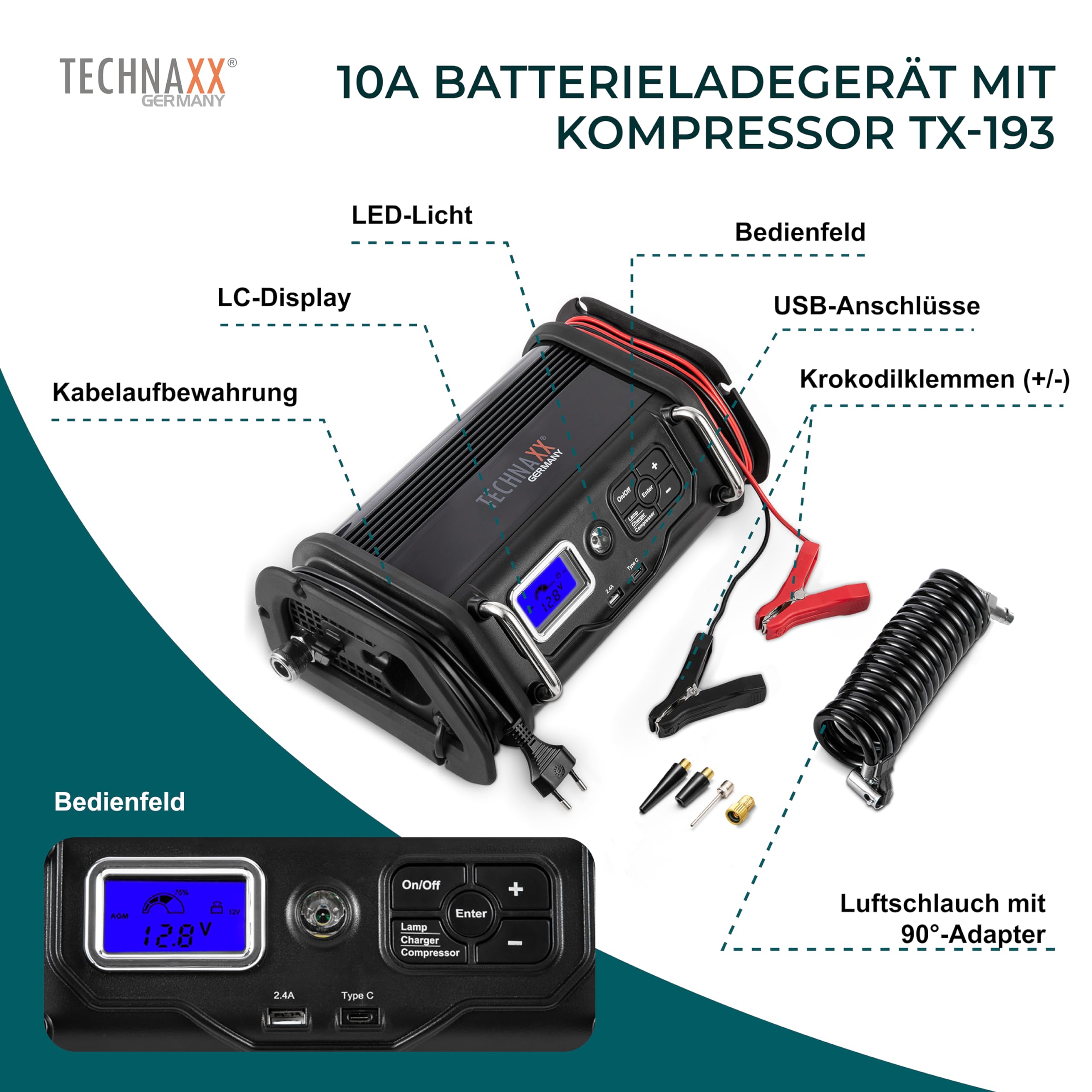 Technaxx Caricabatterie 10A con compressore d'aria TX-193 - Caricabatterie 6-12V per batterie auto e moto - Regolatore di pressione digitale, spegnimento automatico, adattatori vari