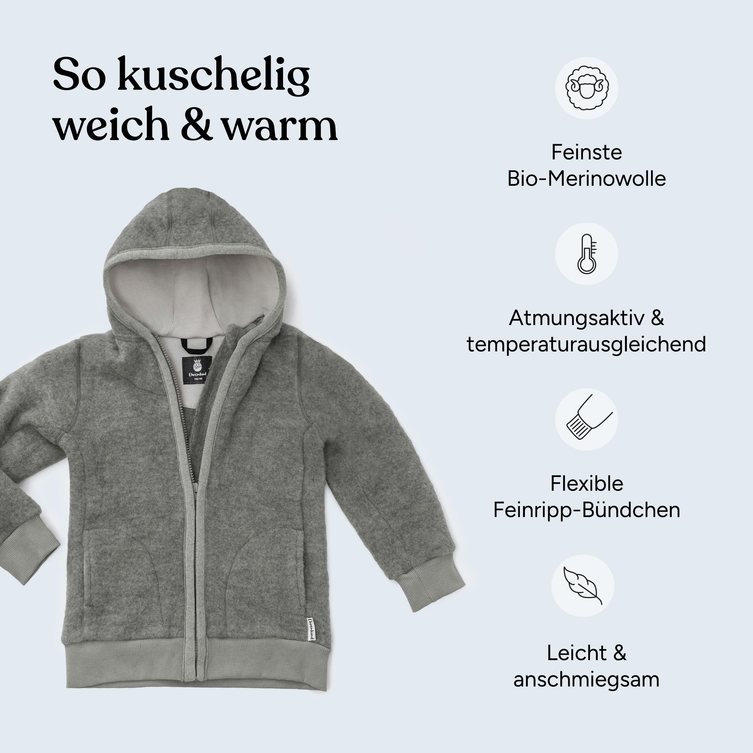 Ehrenkind® Fleecejacke, Wollfleece in feinster Bio-Merino Wolle, Atmungsaktiv & temperaturausgleichend, Fleecejacke Kinder