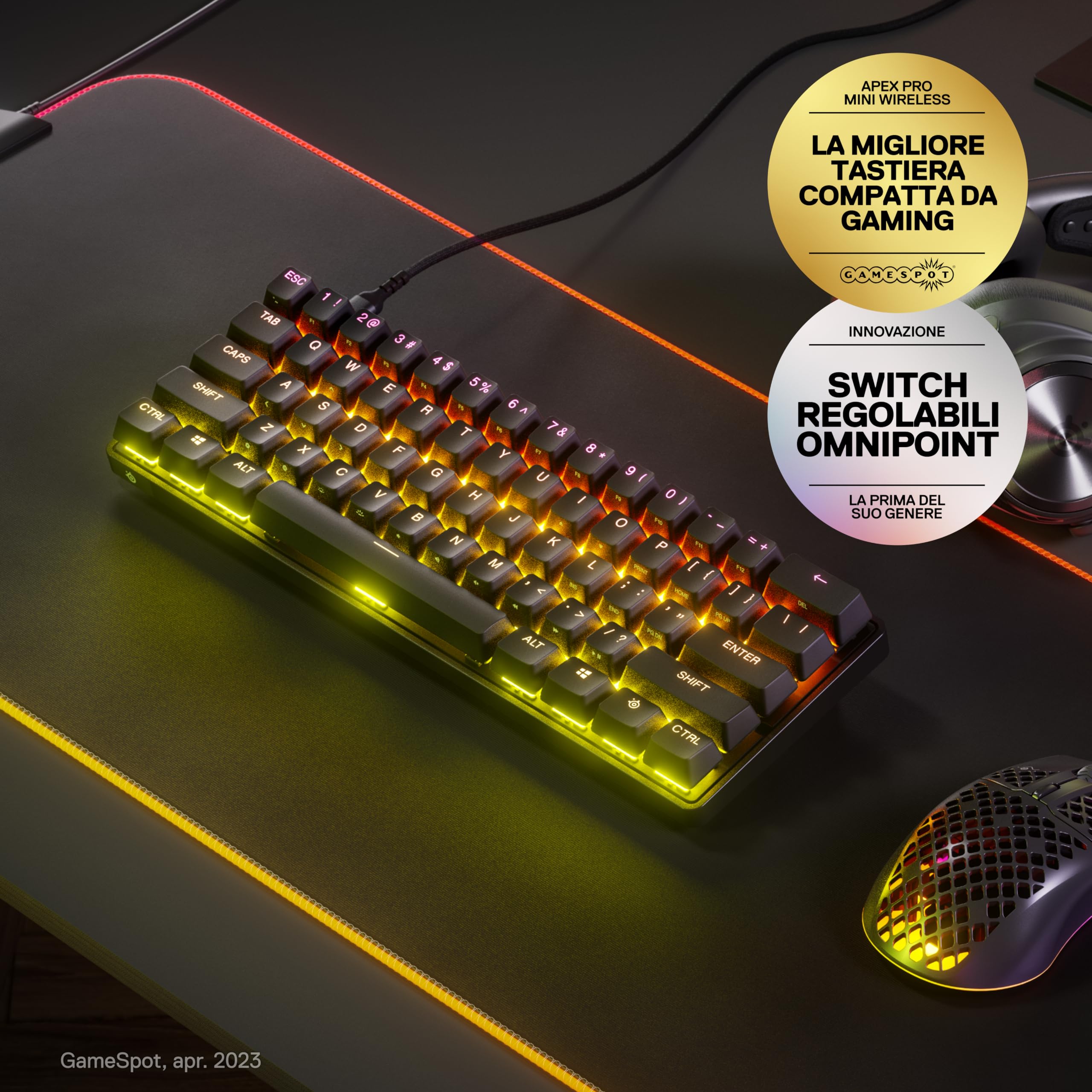SteelSeries Apex Pro Mini HyperMagnetic Tastiera da gaming - Azionamento regolabile - Fattore di forma compatto al 60% - Copritasti in PBT - USB-C - Layout Americano (QWERTY)