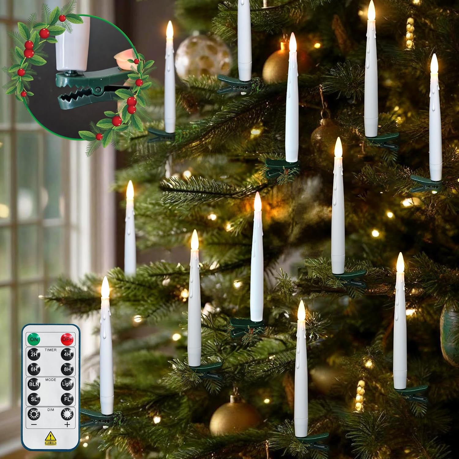 Daord 16 PCS Christmas Tree Candle Lights with Green Clips Flameless LED Taper Candles with Remote for Christmas Tree Decor (16pcs,White(B))