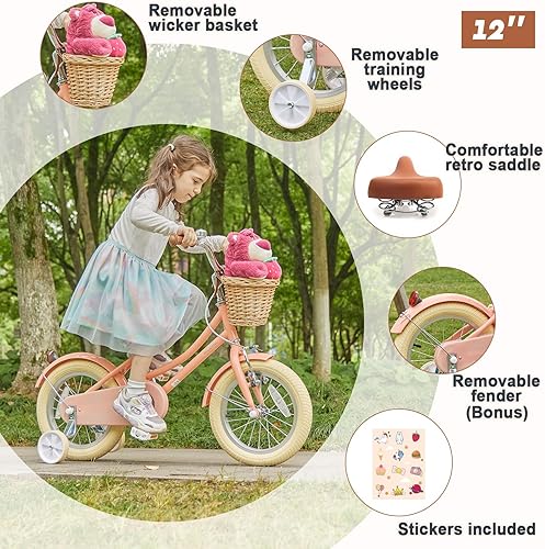 Miniatura 2 de Glerc Little Molly - Bicicleta de crucero retro para niños de 2 a 13 años de edad con cesta de mimbre y ruedas de entrenamientosoporte, varios