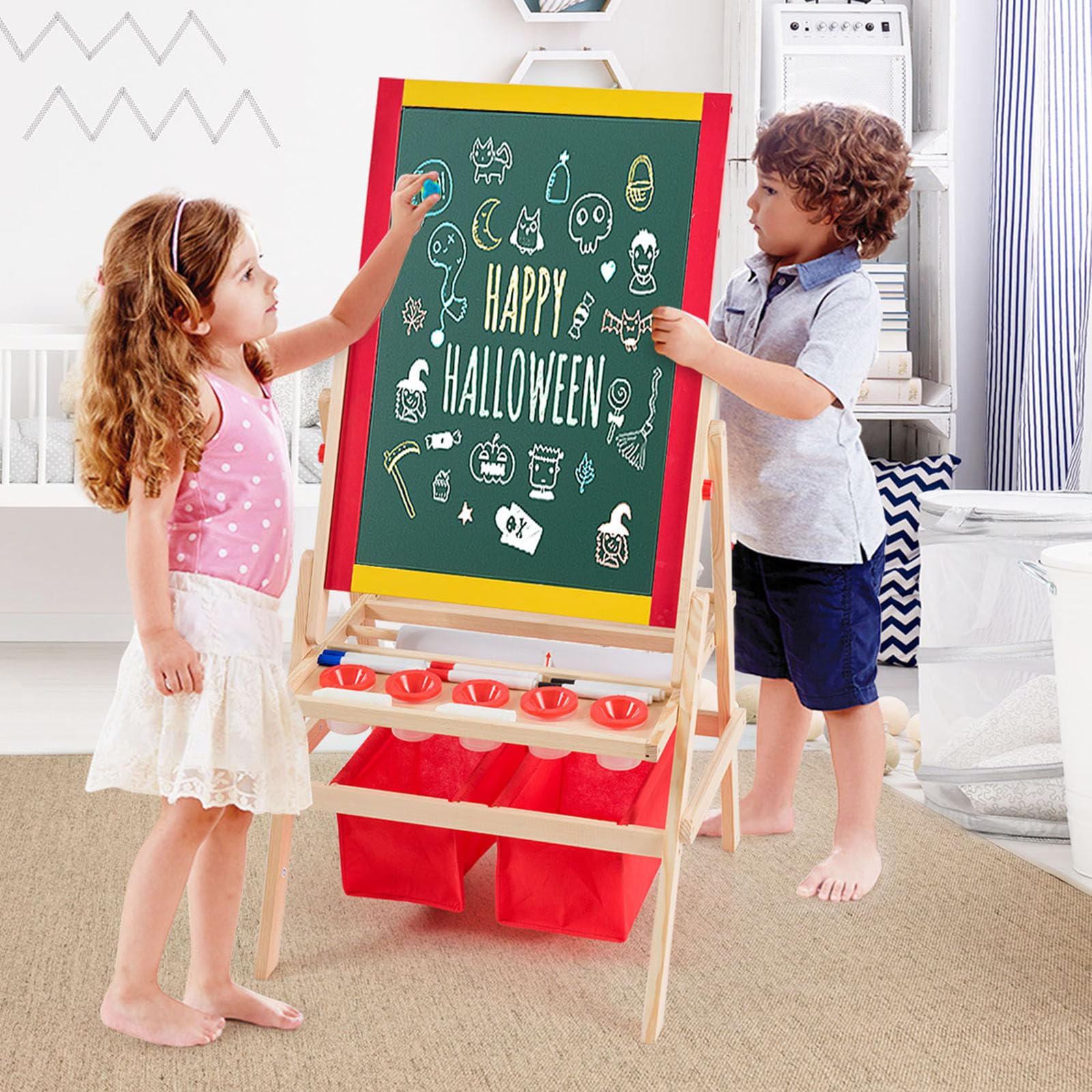 COSTWAY Caballete para Niños 3 en 1 Tablero de Doble Cara Pizarra de Pie de Madera con Accesorios para Juego Dibujo Infantil (Modelo 2)