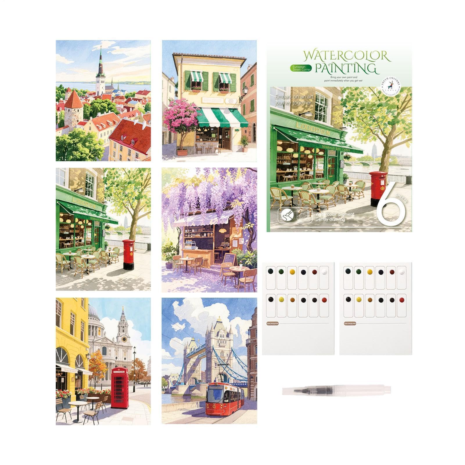 Kit de acuarela portátil de 12 colores con libro de trabajo pincel y lápiz para pintar