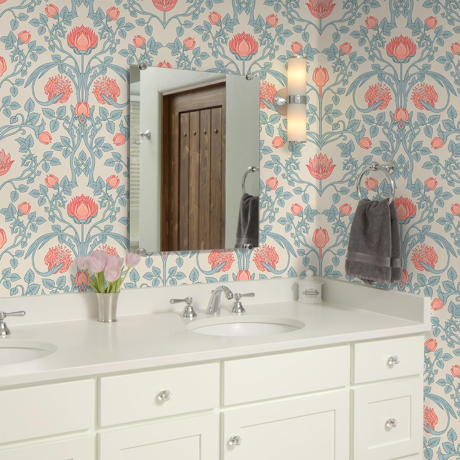 VEELIKE Papel pintado fotográfico de flores beige y azul, 44,5 cm x 900 cm, autoadhesivo, diseño vintage de William Morris