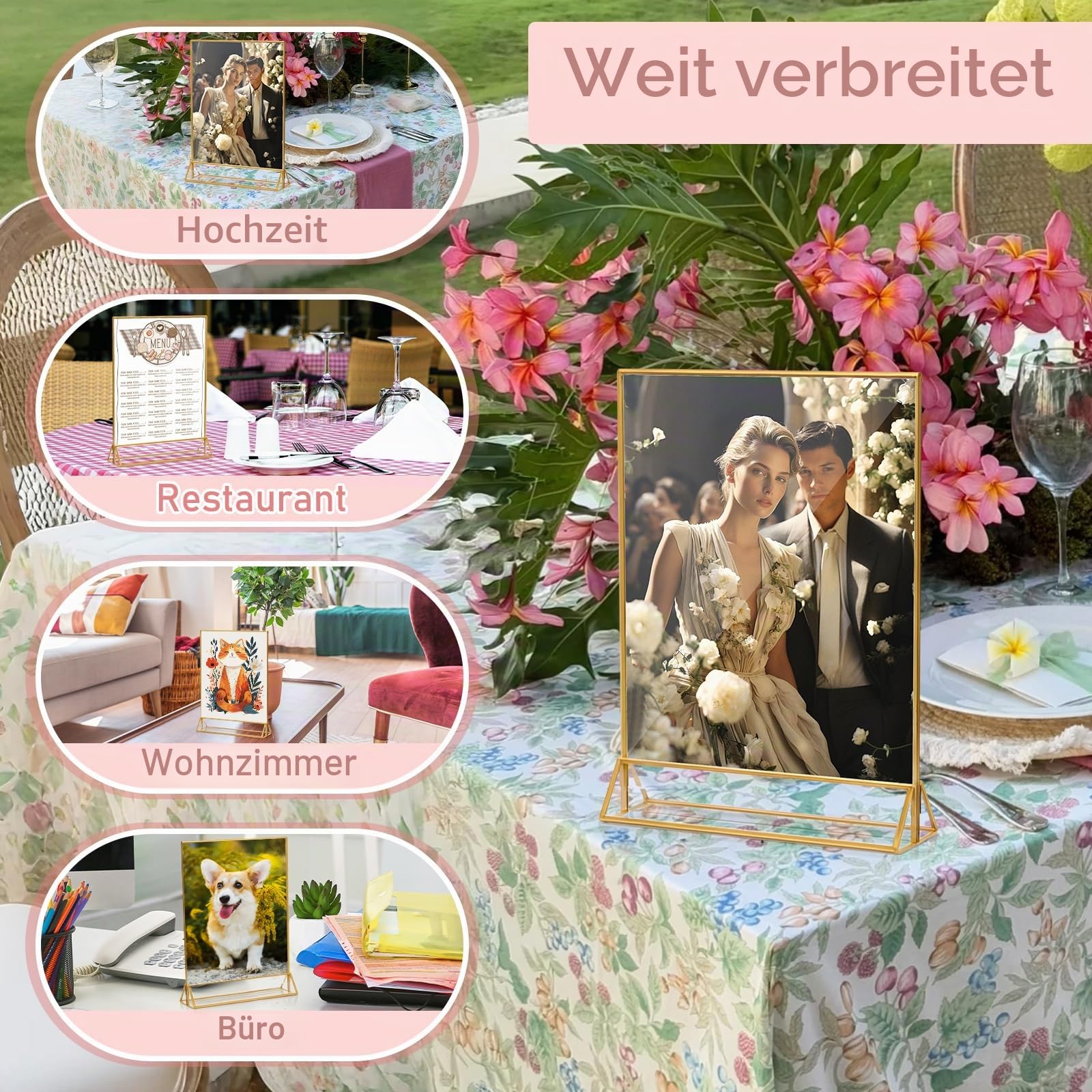 Acryl-Schildhalter A5, 6 Stück, transparenter Bilderrahmen und Flyerhalter, doppelseitiger Acrylrahmen mit Goldrahmen für Hochzeitstischschilder