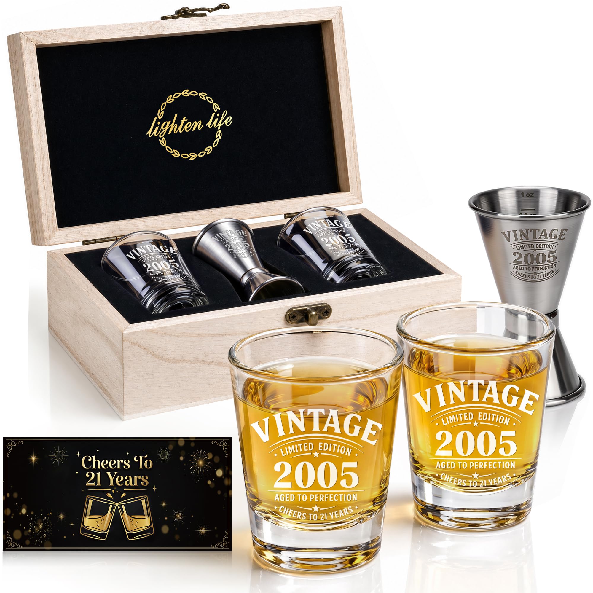 LIGHTEN LIFE 21st Birthday Gifts for Him,2005 Shot Glasses with Valued Wooden Box,21st Birthday Shot Glass Set,21 Years Old Birthday Gift Ideas,21st Birthday Decorations for Men Son Boy Brother Friend