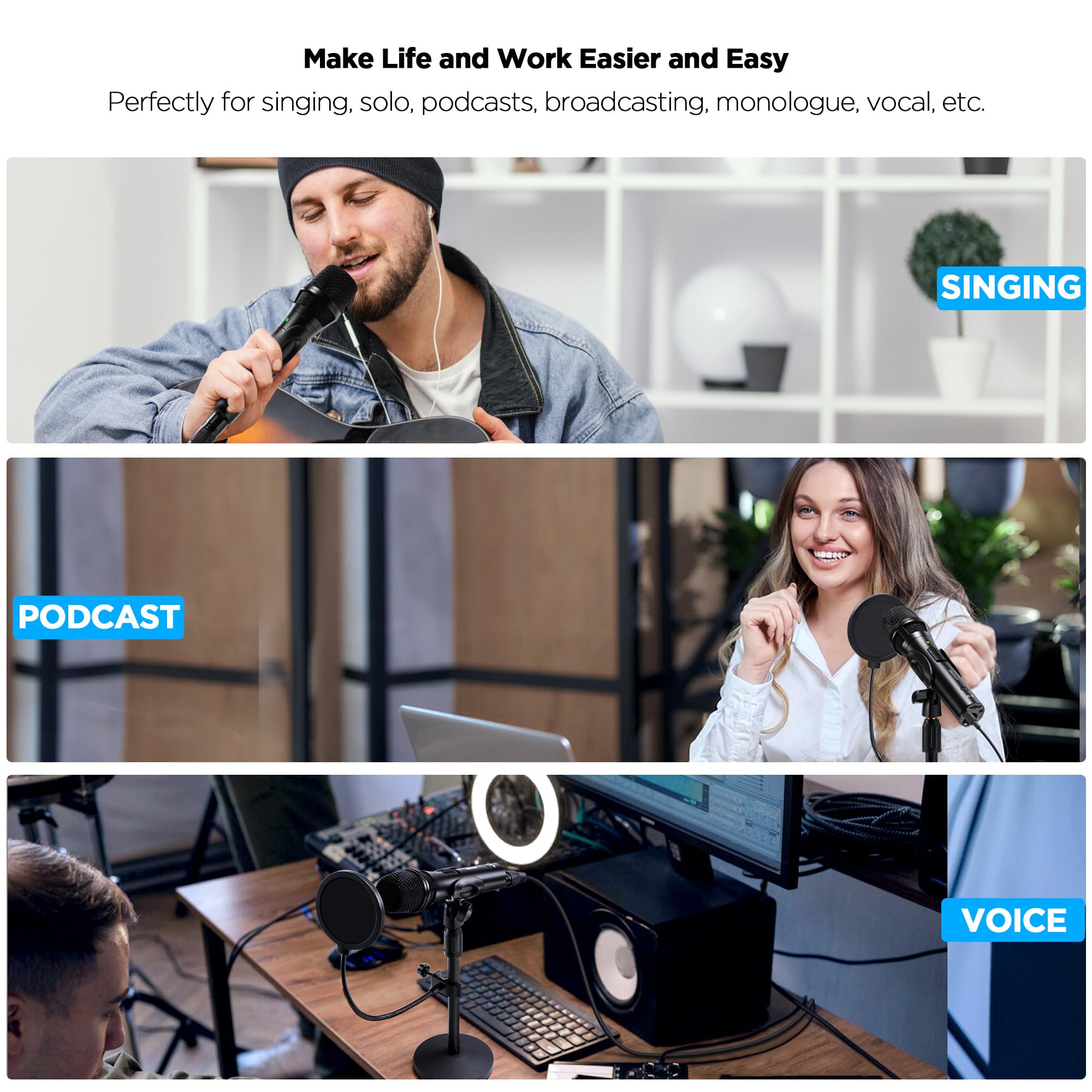 Xlr Micrófono dinámico USB para grabación de canto, micrófono de grabación de estudio dinámico de metal con ganancia de micrófono, soporte de escritorio, filtro pop, conector para auriculares, para PC