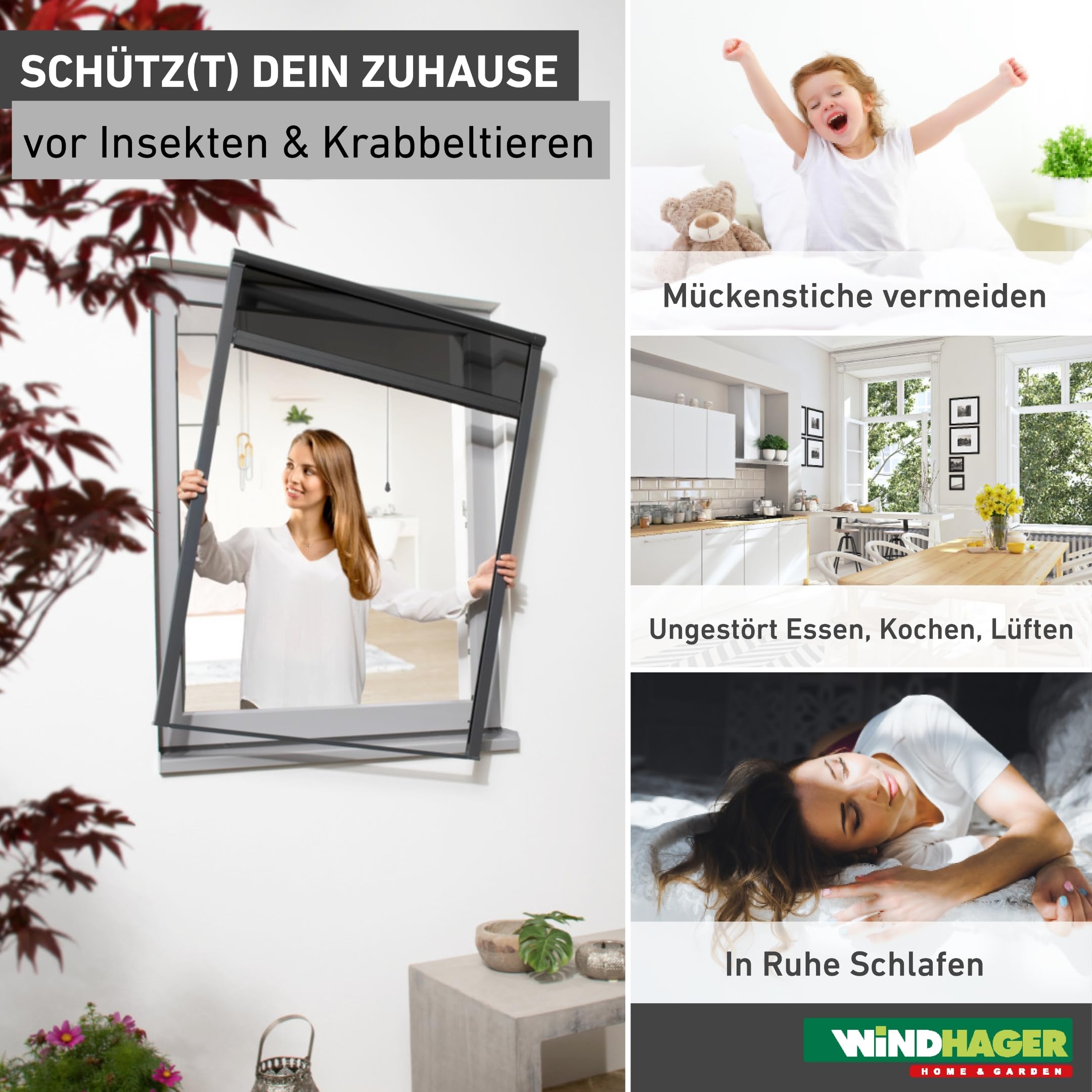 Windhager COOL Sonnenschutz Rollofenster zum Einhängen, Fliegengitter Alurahmen, Hitzeschutz Fenster, Mückenschutz, Selbstbausatz 100 x 160cm, anthrazit