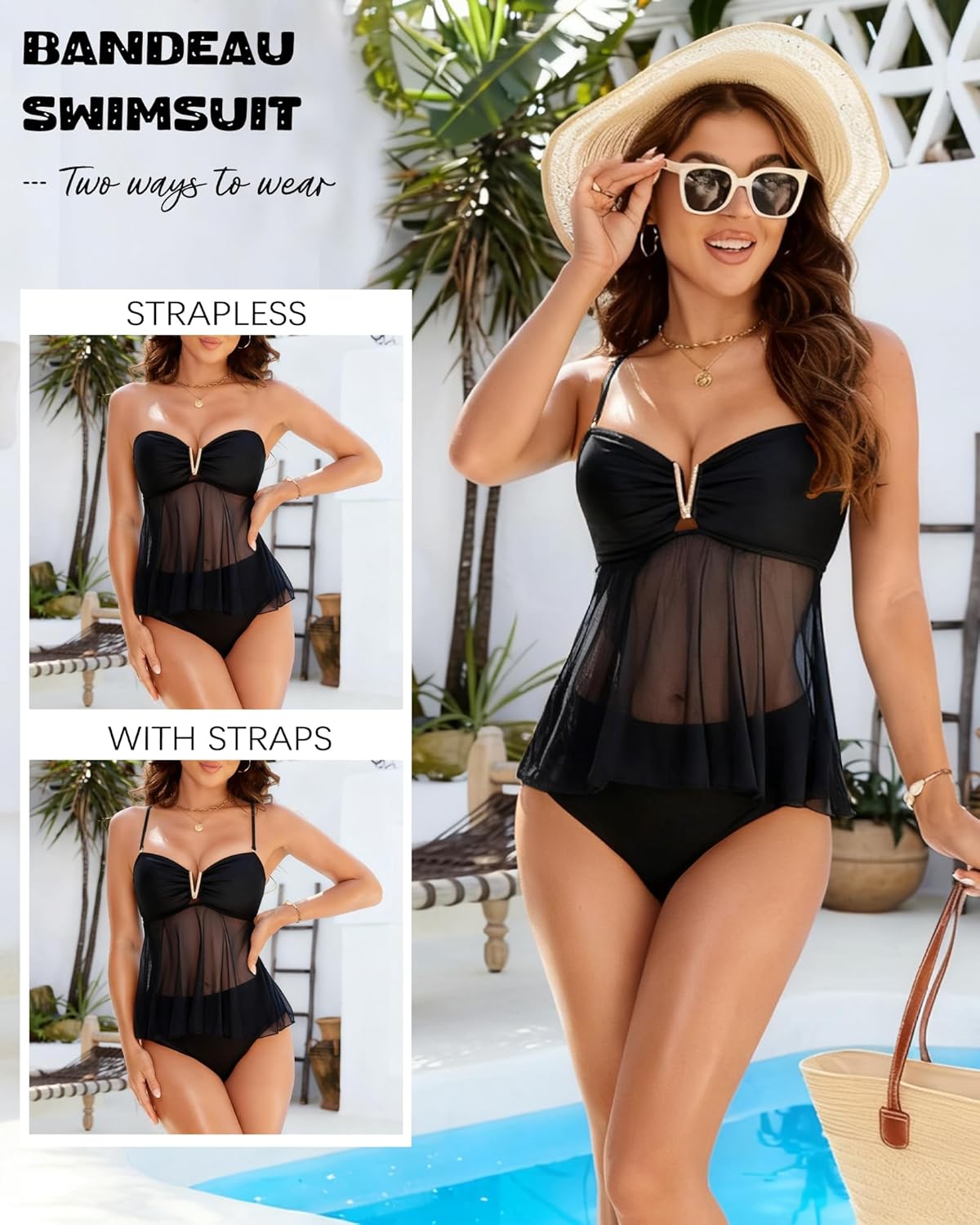 XUNYU Tankini Swimsuits for Women 2 Piece Mesh Bathing Suit Bandeau Tankinis Top High Waisted Tummy Control Swim Suits 2026 - Image 4