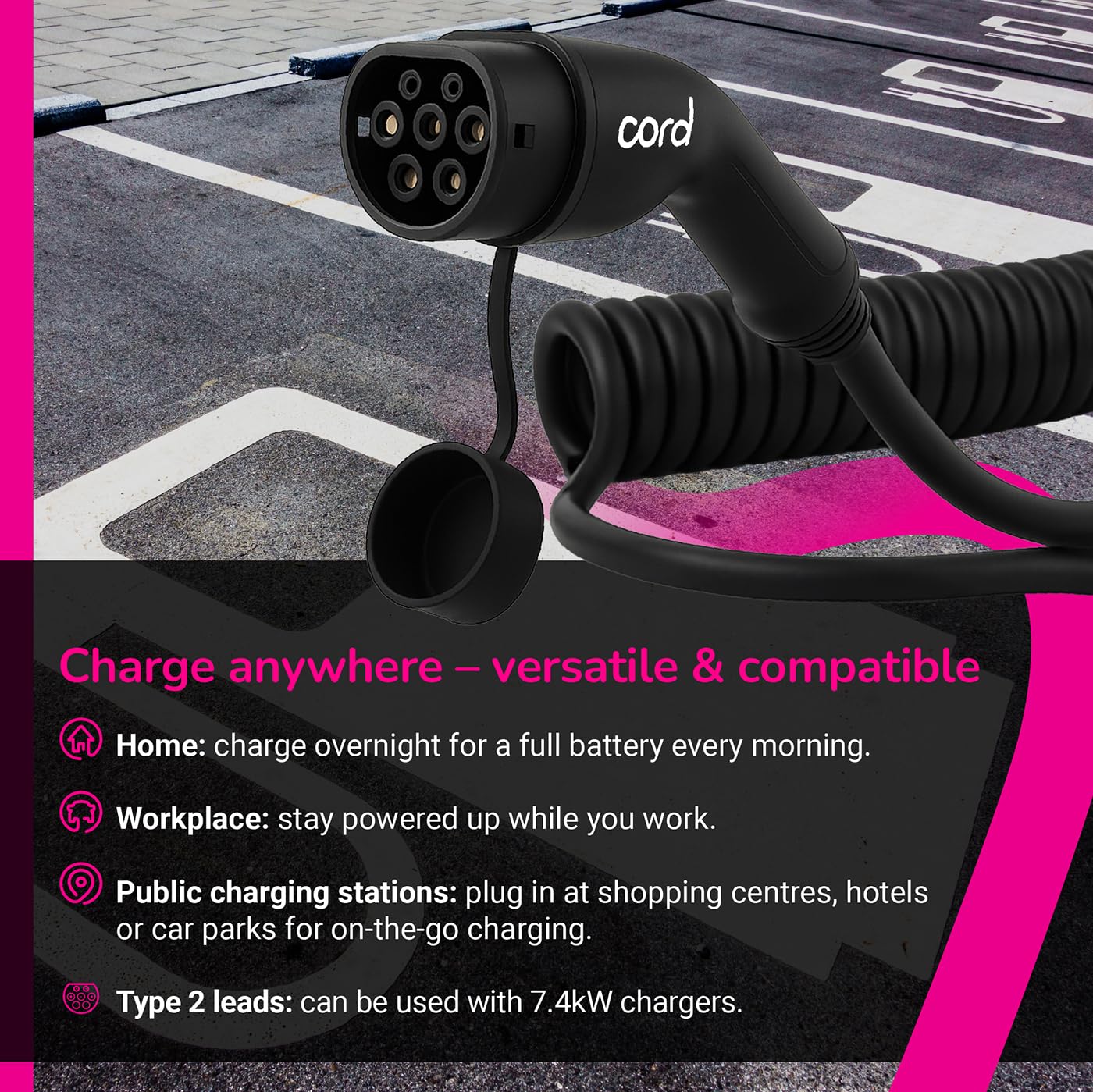 Cord Zwijany kabel ładujący typu 2 do typu 2 EV, 32 A, 22 kW, 5 metrów, trójfazowy