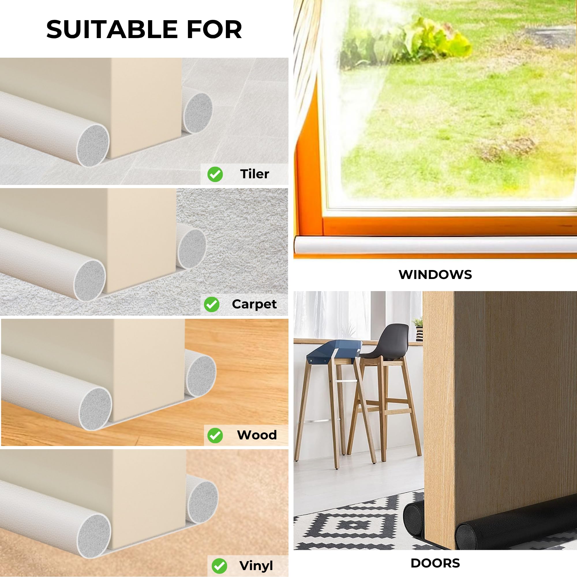 2x Paraspifferi Sottoporta e Finestre da 80 a 90 cm, Doppia Guarnizione in Similpelle, Regolabile tra 32 e 94 cm. Isolamento Acustico, Riduzione Freddo/Calore, Antivento, Luce, Polvere, Insetti.