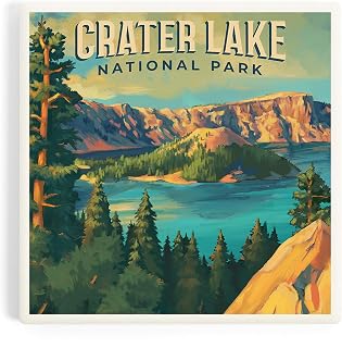 Crater Lake National Park Oil Painting (Absorbent Ceramic Coaster, Single, Cork Back, Kitchen Table Decor)