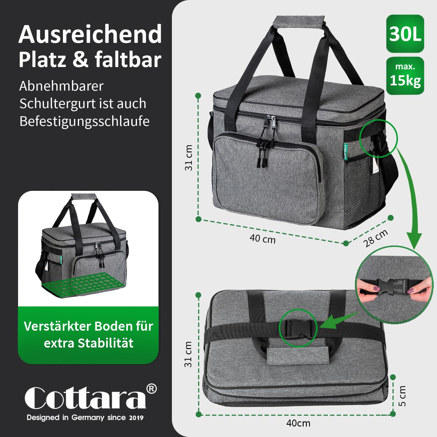 Cottara® Grote koeltas met lekvrije isolatie, 30 liter, opvouwbare koeltas, groot om te winkelen en te picknicken, ideale boodschappentas, geïsoleerde tas, thermische tas, picknicktas (zwart, 30 L