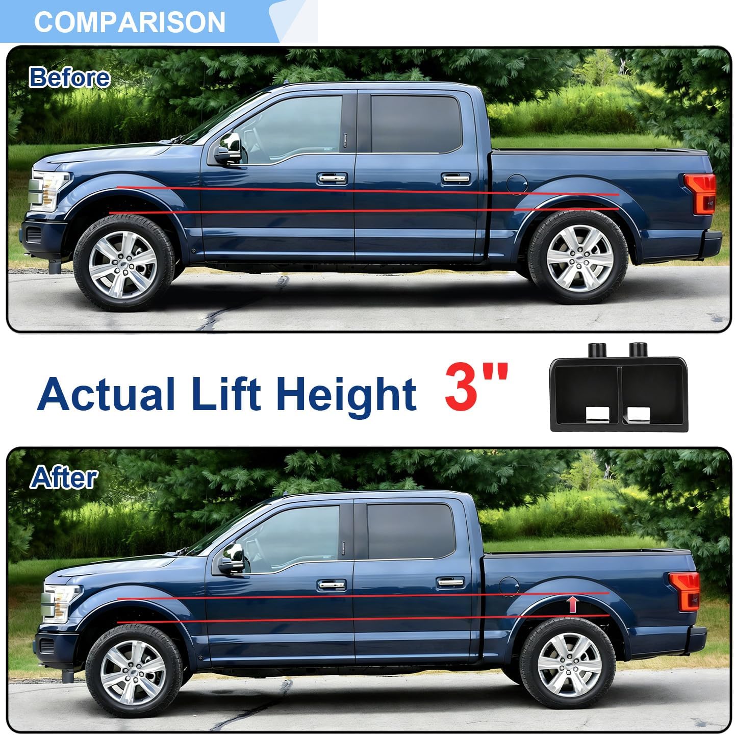 3 Inches Rear Lift Block Kits Compatible with 2004-2022 Ford F-150 2WD 4WD, 3'' Rear Leveling Lift with Extra Long Extended Square U-Bolts Set and Square Leaf Spring Axle Cross Block, 2PCS