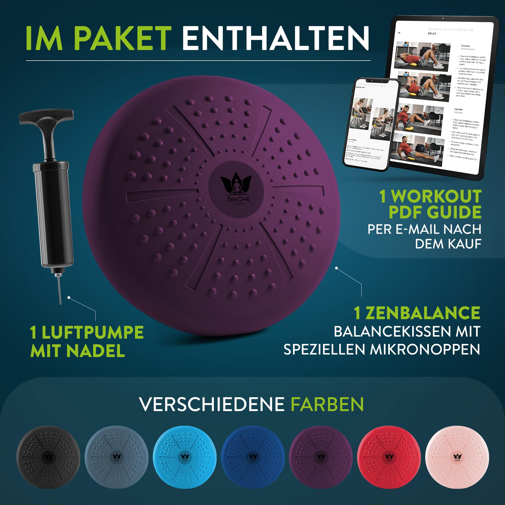 ZenOne Sports® Balance Kissen I Ballsitzkissen für Koordinations- & Rückentraining I Orthopädisches Sitzkissen I Luftkissen für Fitnesstraining inkl. Pumpe & Workout-Guide I Balancekissen
