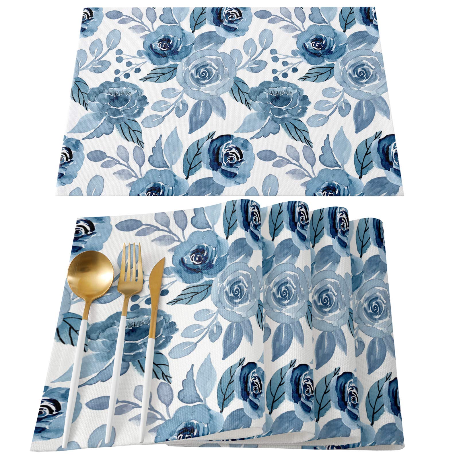 Floral Placemats for Dining Table, Cotton Linen Table Mats 19x13inch Set of 6 Wipeable Washable Indoor Outdoor Use Place Mats, Roses Indigo National Style Watercolor