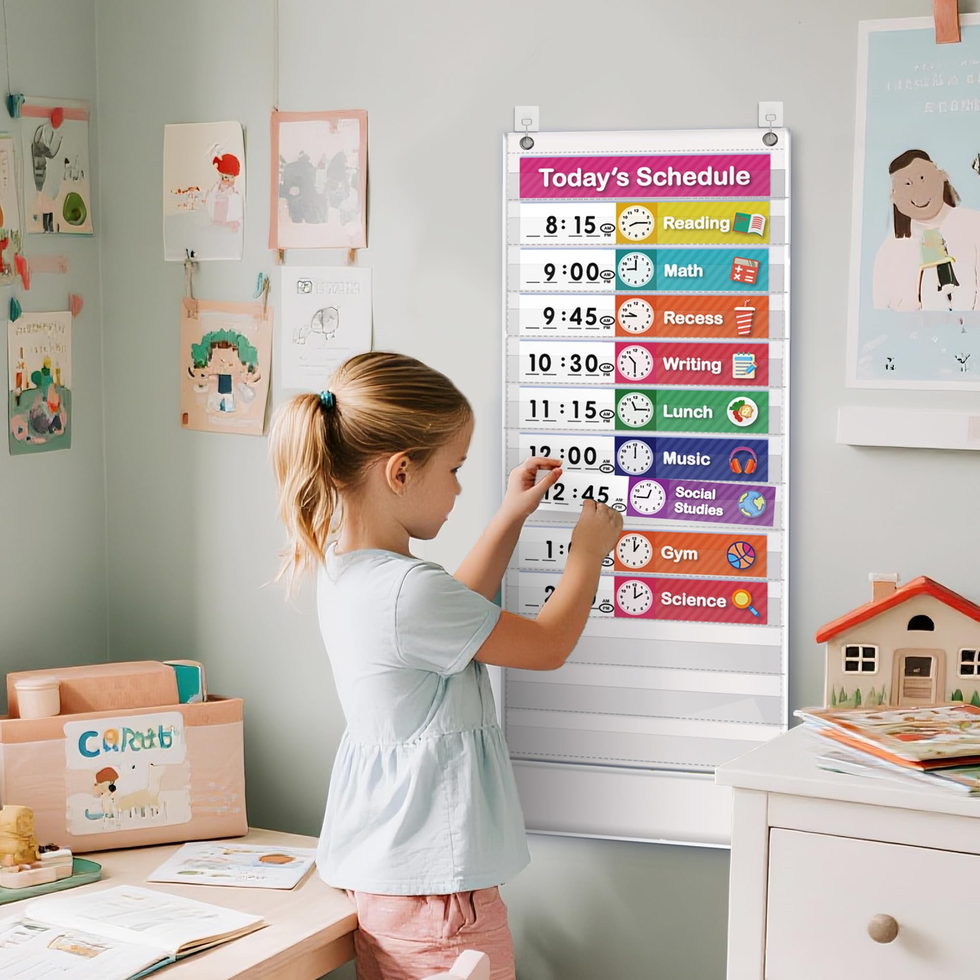 Classroom Daily Schedule Board Pasimy - 15+1 Pockets With 31 Cards \u0026 2  Magnetic Pens For Classroom, Home, Office Daily Schedule Pocket Chart, image size:2000x2000