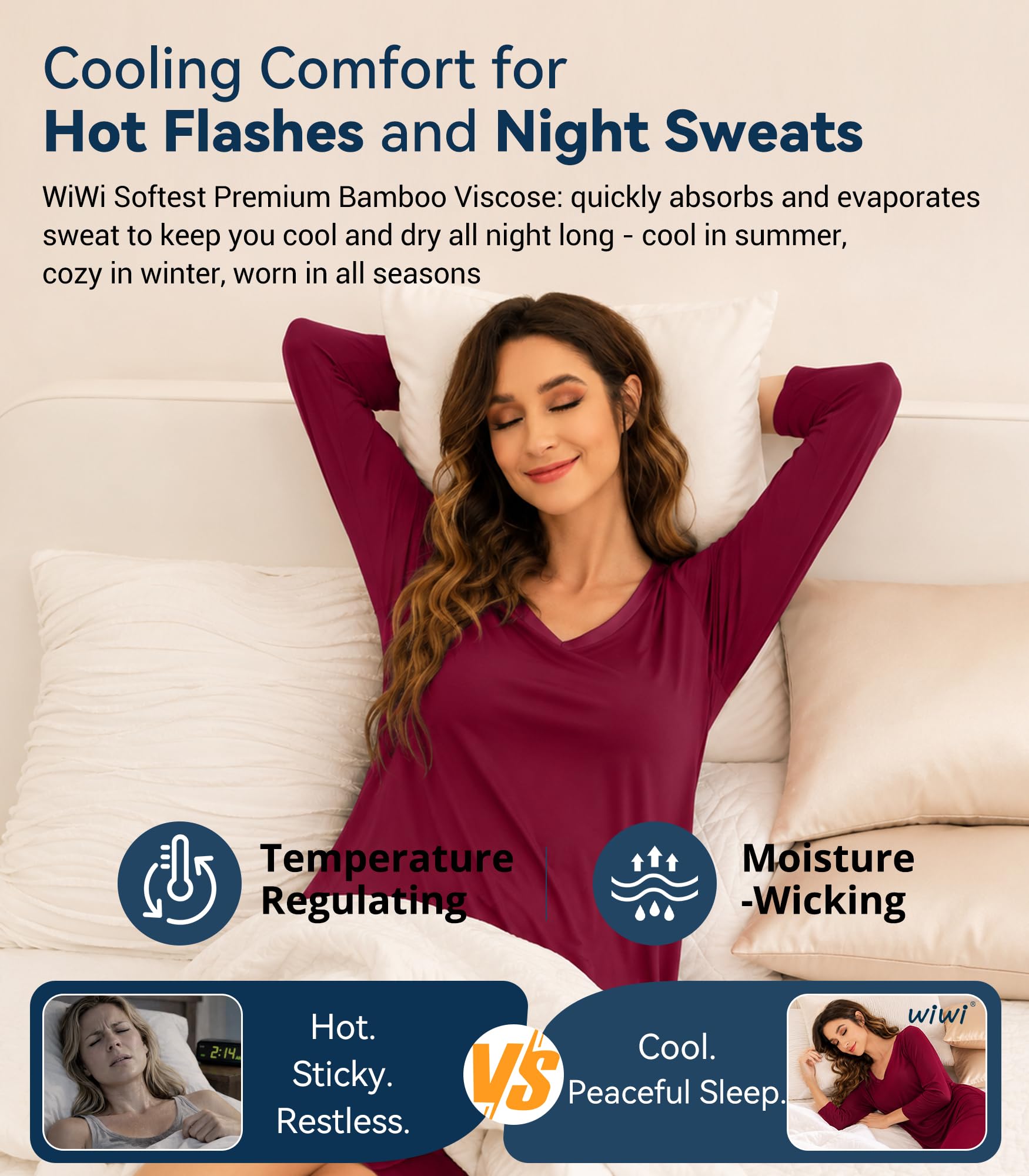WiWi Chemises de nuit pour femmes, chemise de nuit douce à manches longues, chemise de nuit grande taille, robe de pyjama en viscose de bambou, taille S à 4X