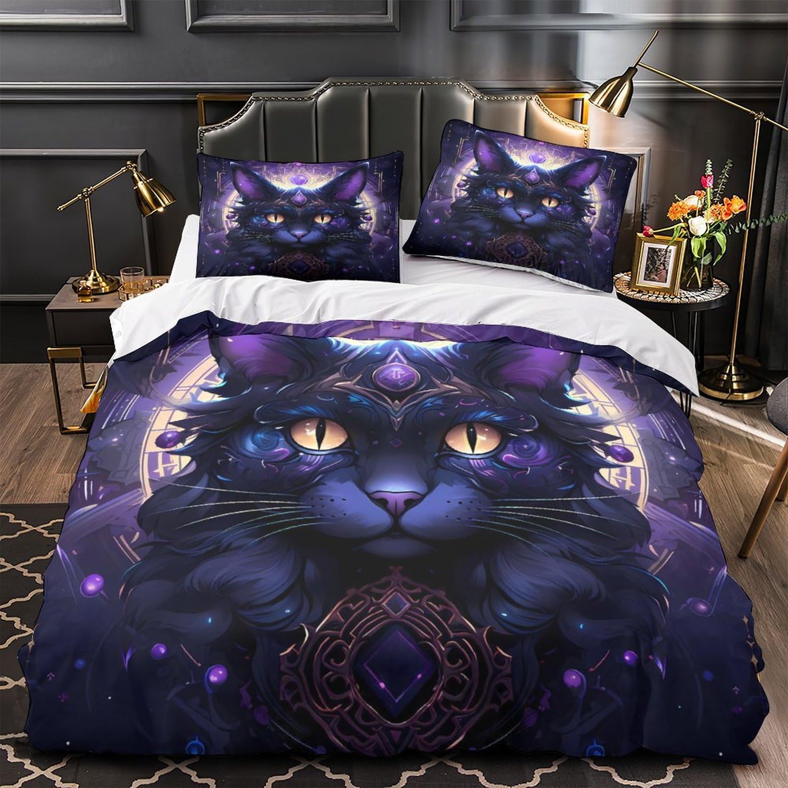 Housse de couette chat mystique 135x200 parure de lit fantasy sombre
