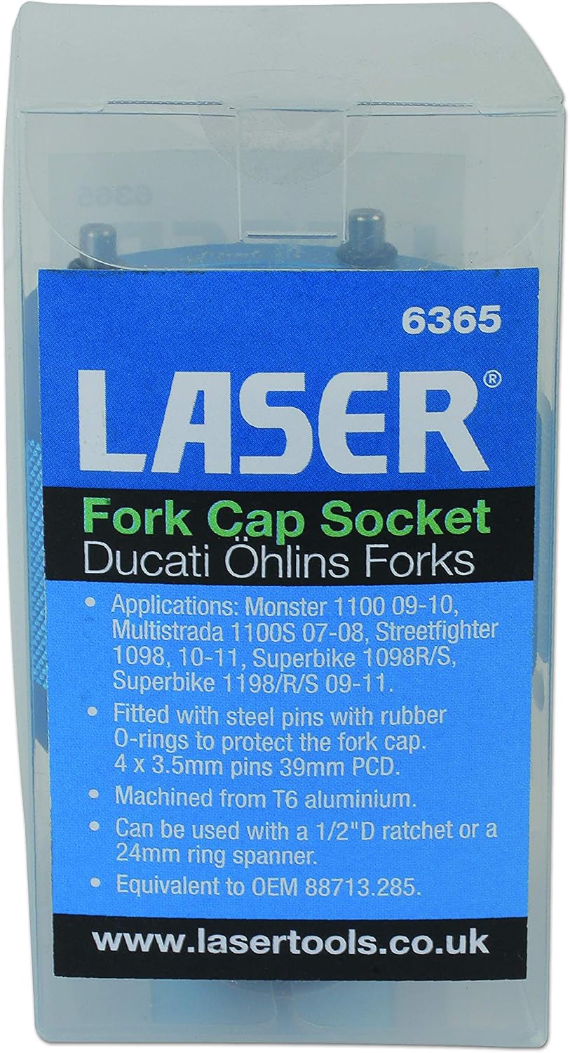 The Laser 6365 Fork Top Cap Socket in its clear plastic retail packaging, displaying the product label with model number 6365, brand 'LASER', and key features.
