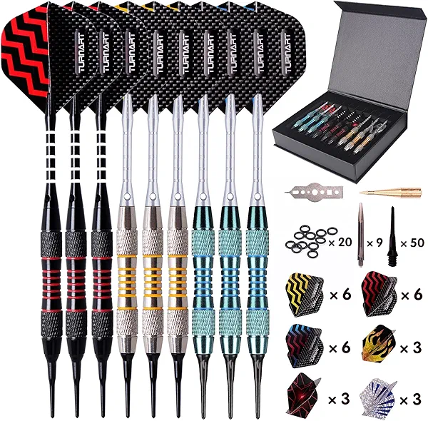 Darts Plastic Tip - Professional Soft Tip Darts Set for Electronic Dartboard 9 Pcs 18 Grams with 50 Extra Tips 9 Shafts 27 Flights Tool Kit Flight Protectors and Gift Darts Case (Blue)