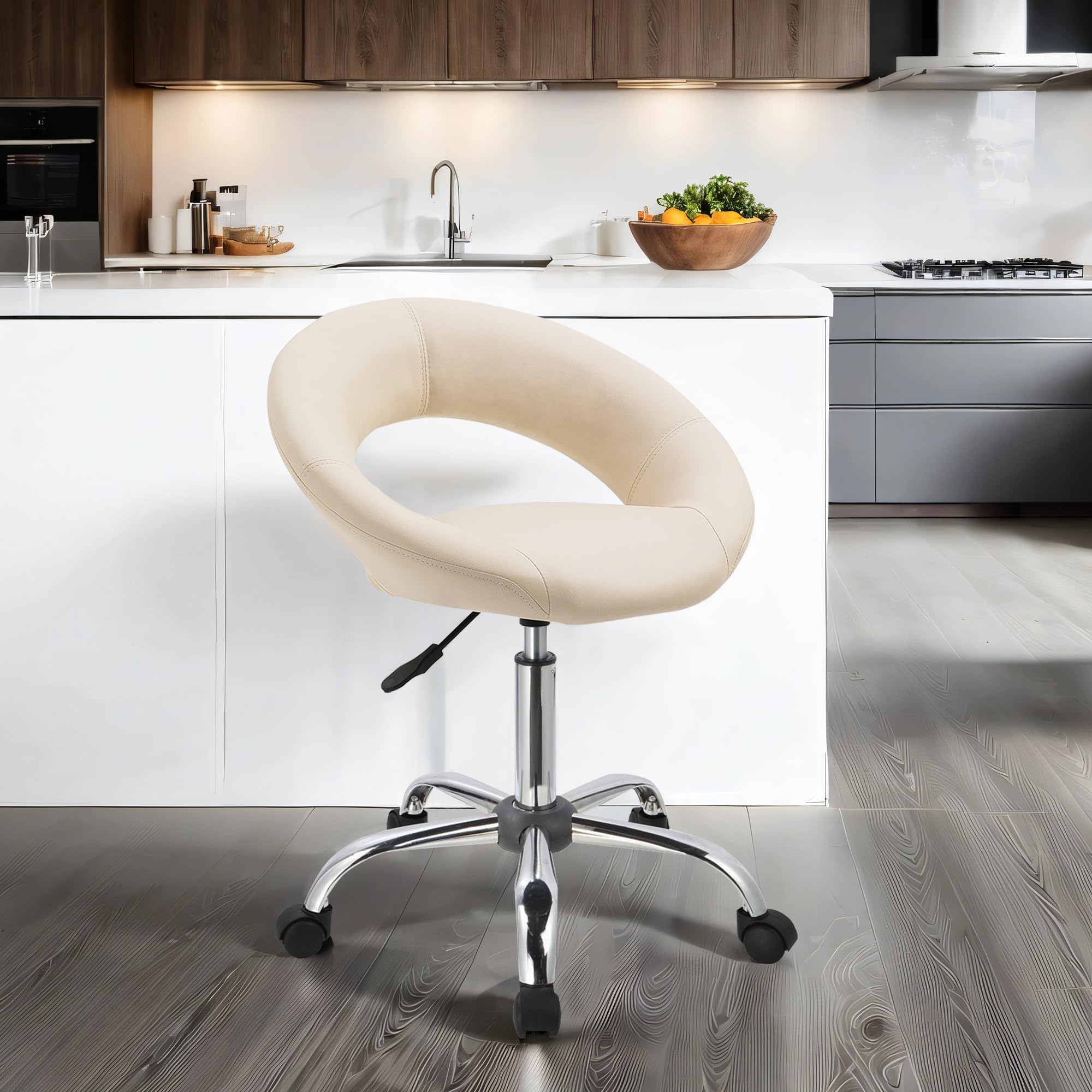 Duhome Drehstuhl mit Rollen, Rollhocker Kunstleder Drehhocker Schminktisch Hocker mit Lehne Arbeitshocker Bürohocker Höhenverstellbar, Creme